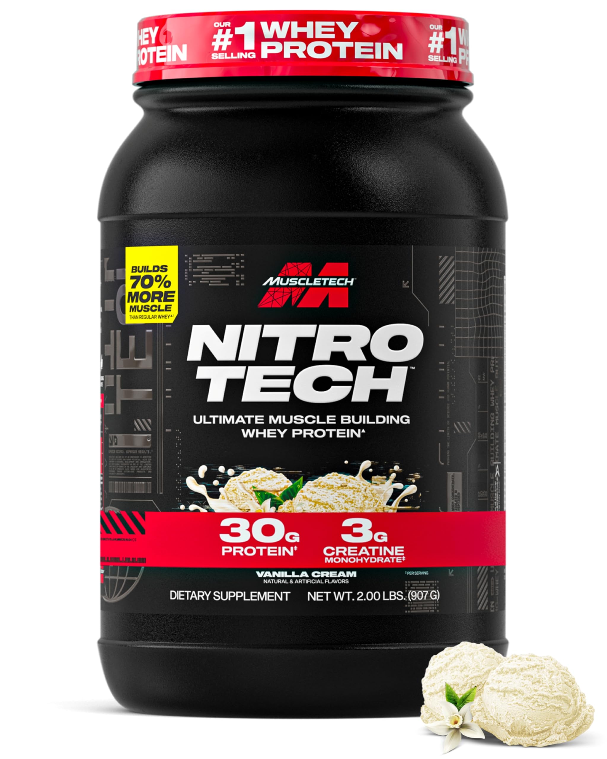 MuscleTech envase frontal Nitro-Tech mostrando formato y beneficios