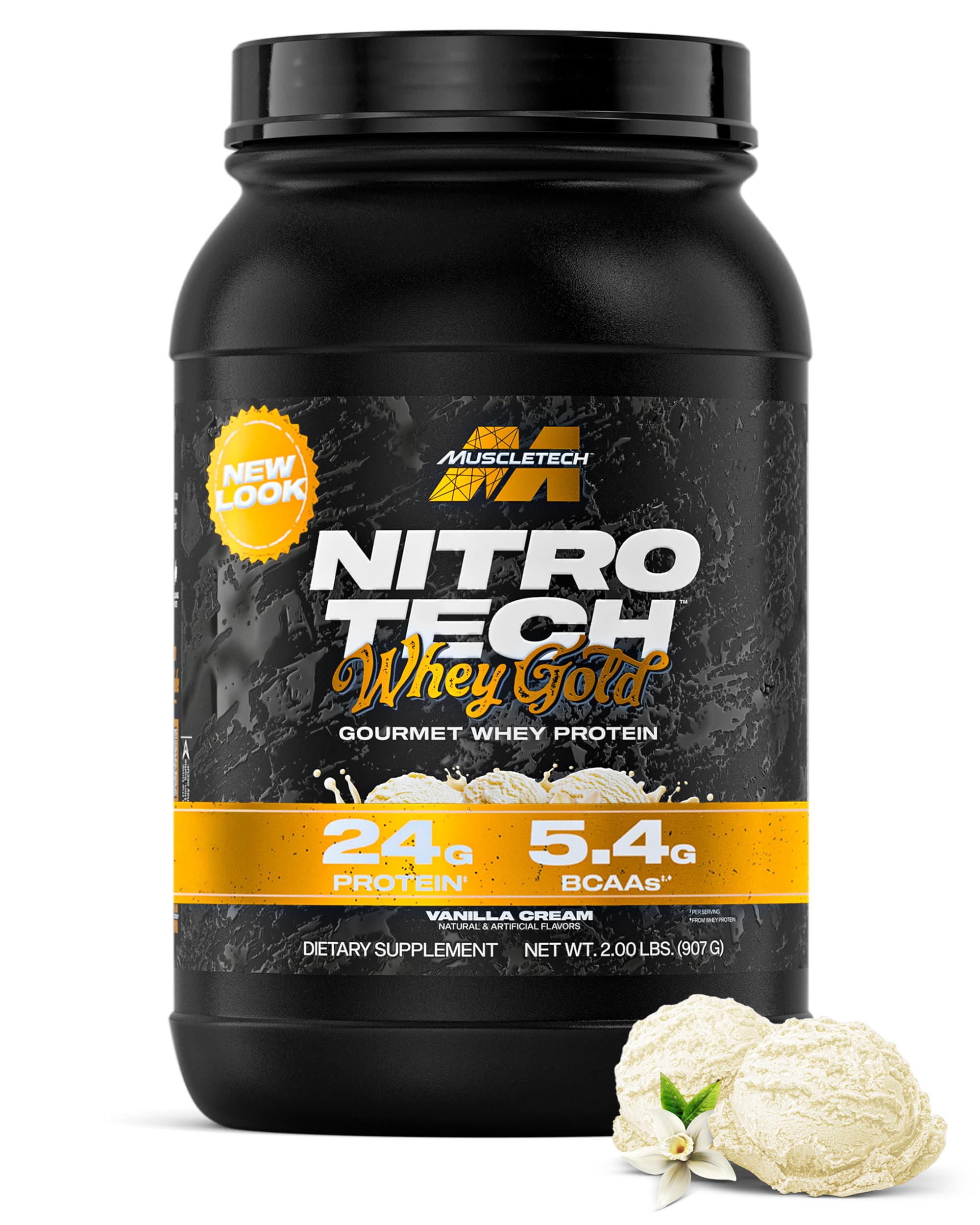 MuscleTech envase frontal Nitro-Tech Vainilla Cream mostrando diseño y cantidad