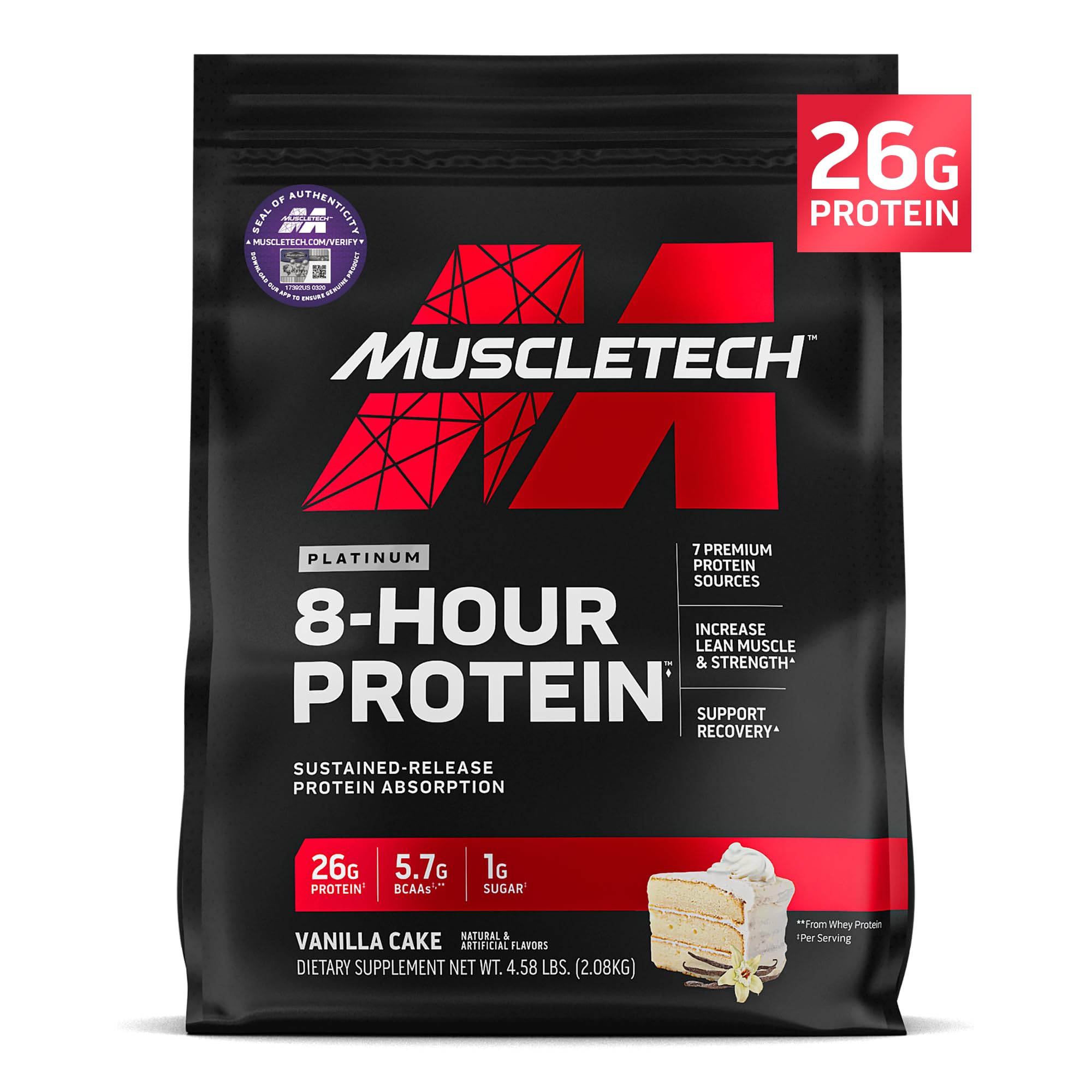 MuscleTech frasco frente mostrando 50 servicios y sabor Vainilla Cake