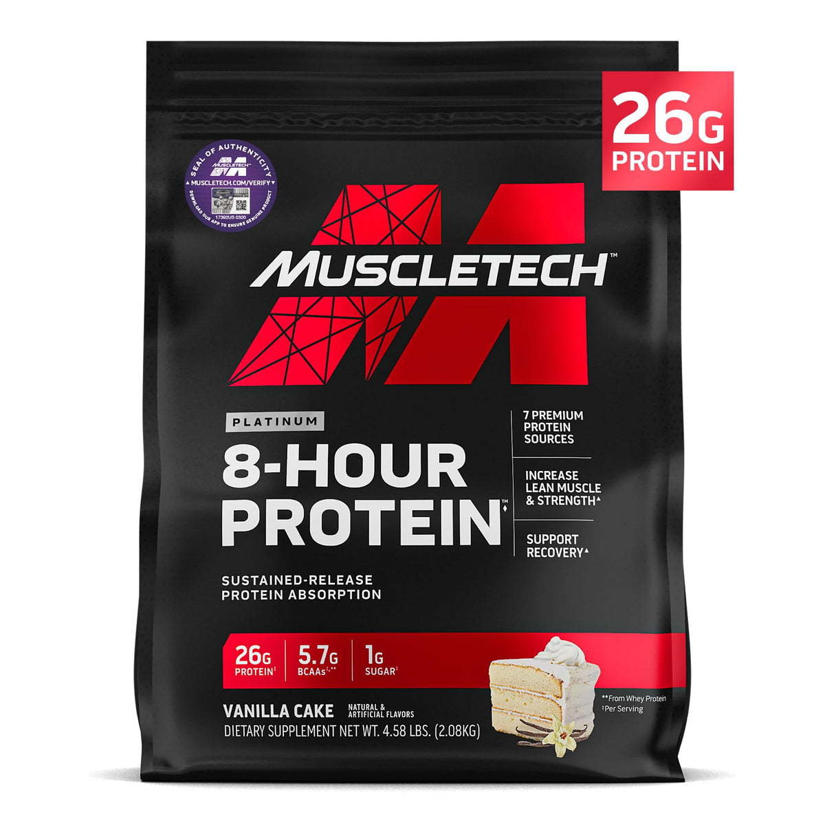 MuscleTech frasco frente mostrando 50 servicios y sabor Vainilla Cake