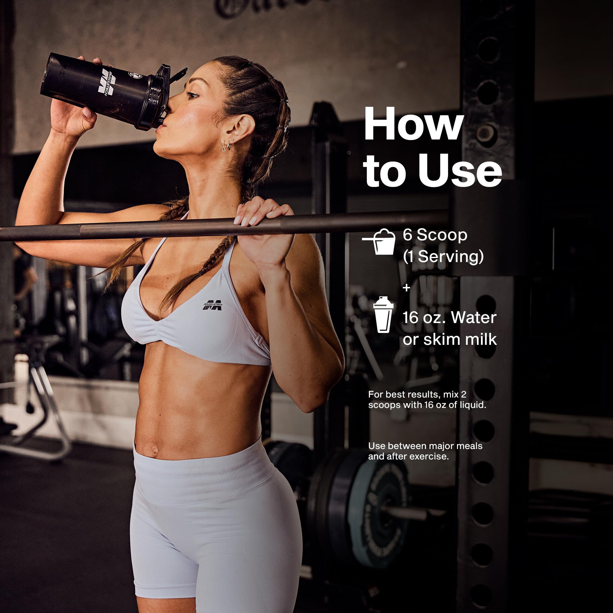 MuscleTech envase junto a objetos comunes para ver tamaño real