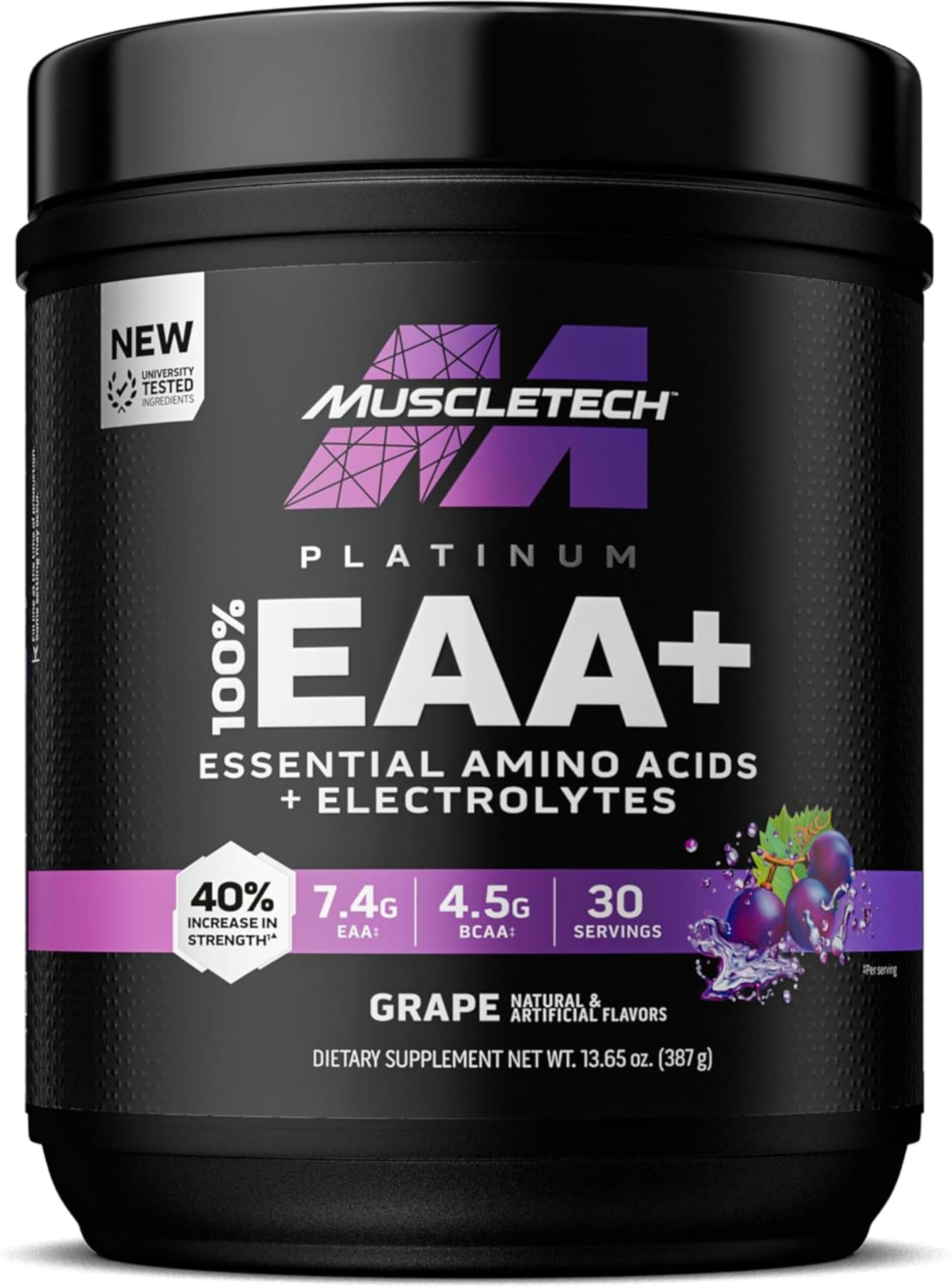 MuscleTech envase frontal que muestra sabor uva y 30 servicios, ideal para recuperación