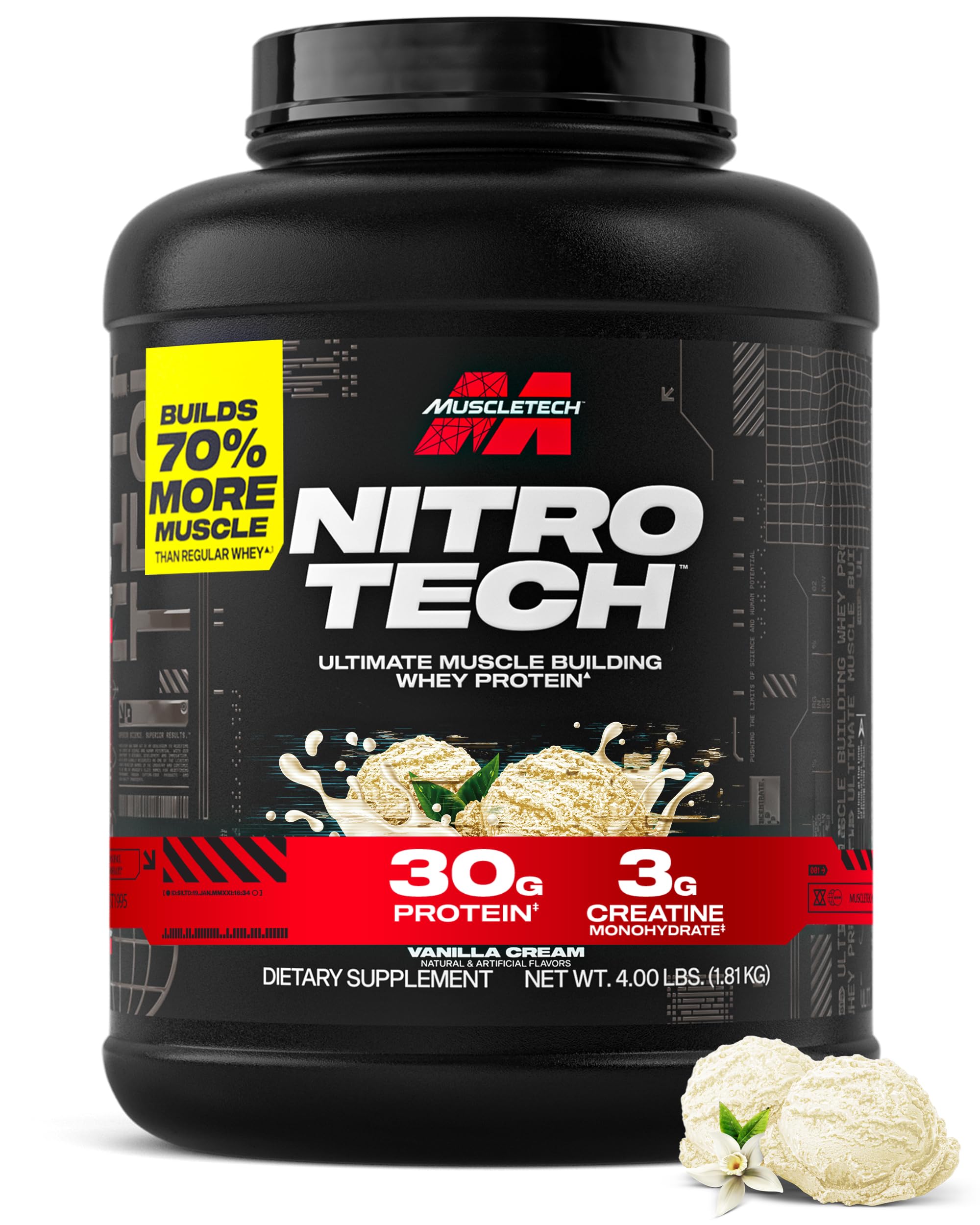 MuscleTech bote frontal mostrando la marca y beneficio proteína y creatina