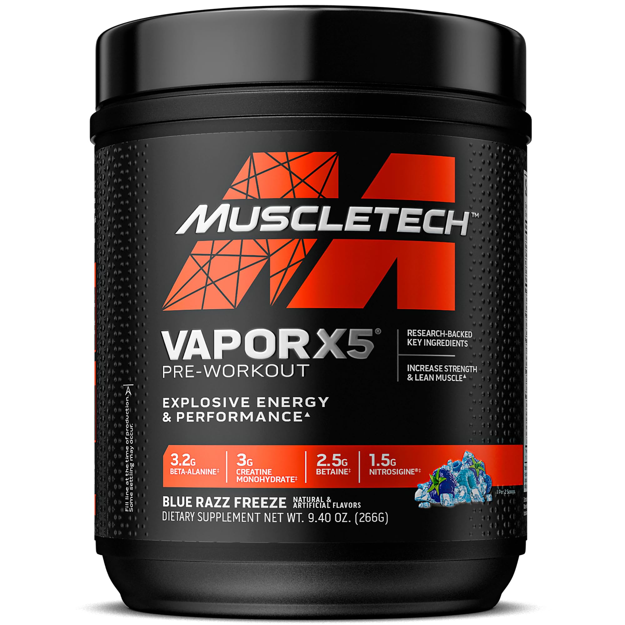 MuscleTech envase frontal Vapor X5 mostrando sabor y porciones