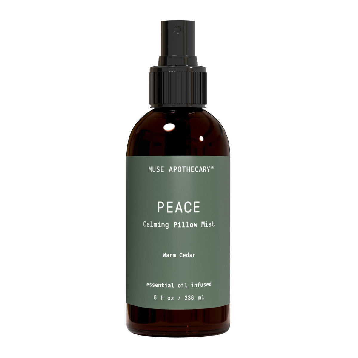 Muse Apothecary frasco Warm Cedar frente mostrando diseño y beneficio calmante