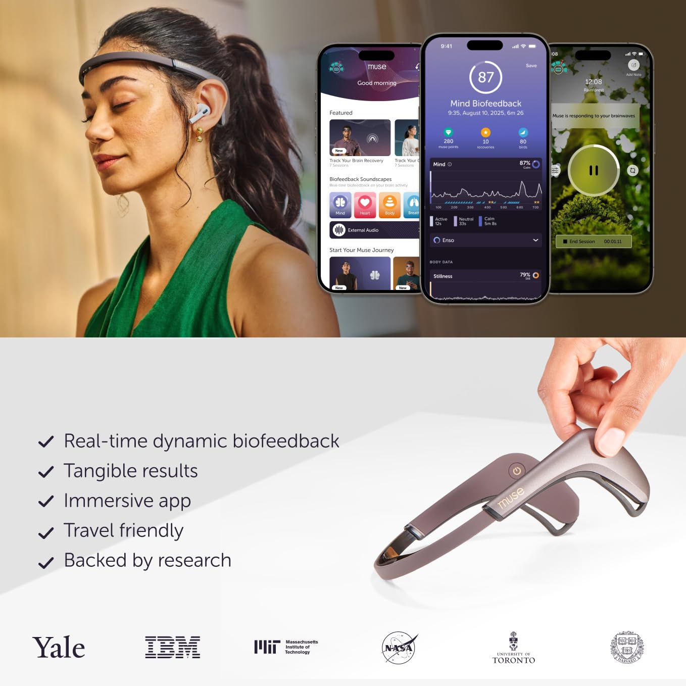 MUSE banda en mano para comparar tamaño y portabilidad, fácil transporte MUSE