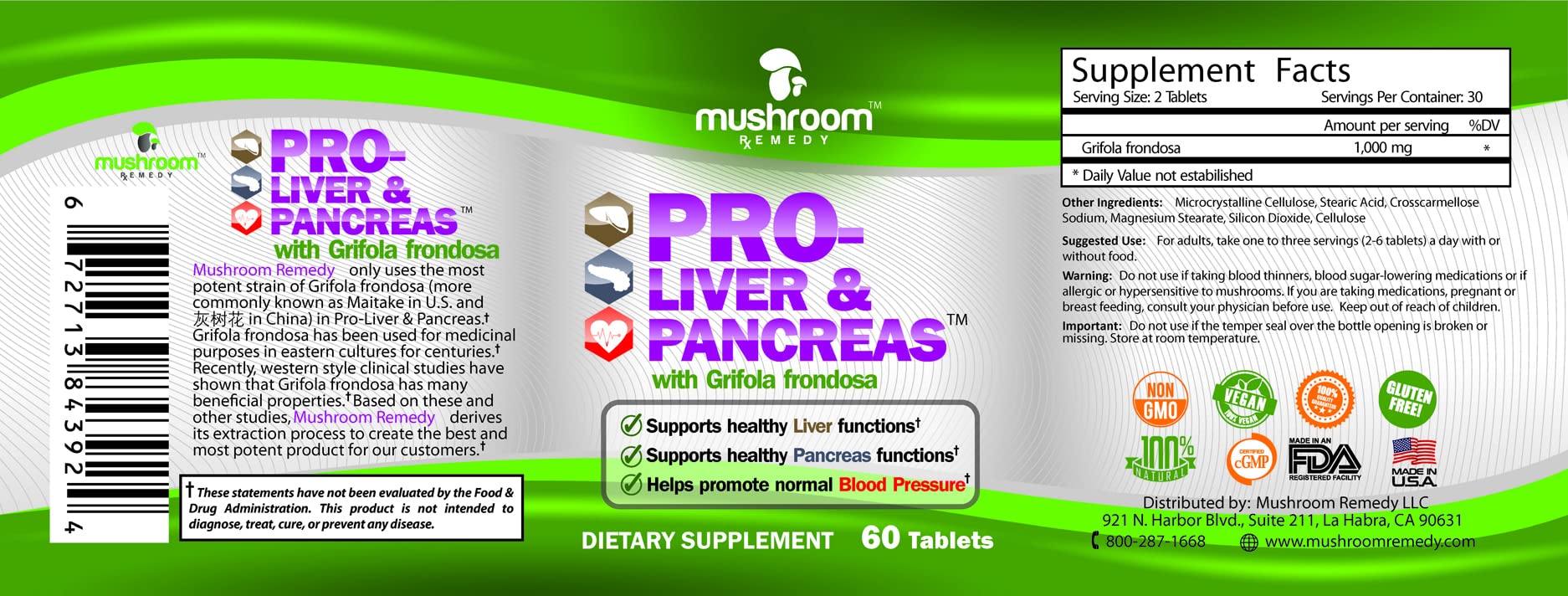 Mushroom Remedy etiqueta de ingredientes y certificaciones visibles