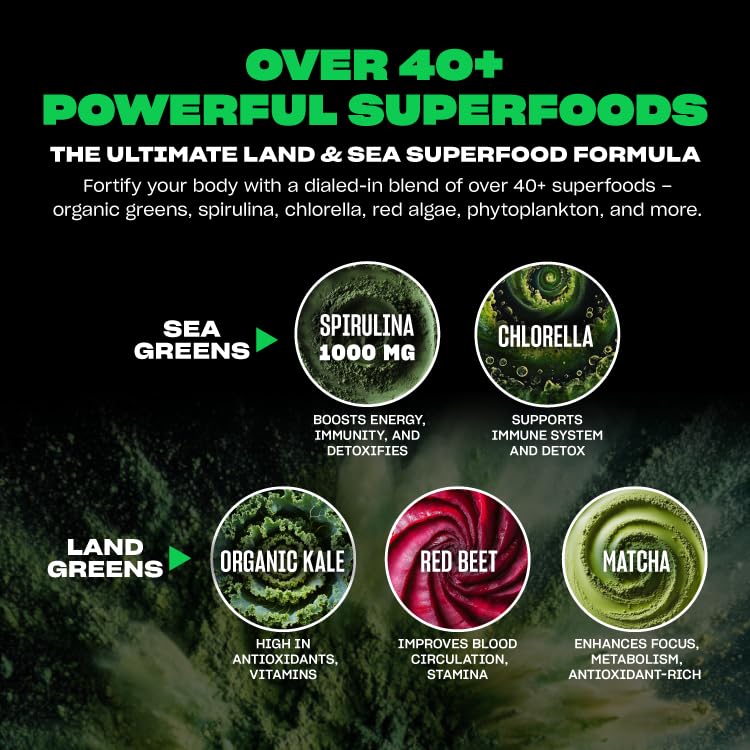 Etiqueta de Mutant Big Greens con lista de Land & Sea Greens y blends funcionales visibles