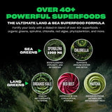 Etiqueta de Mutant Big Greens con lista de Land & Sea Greens y blends funcionales visibles