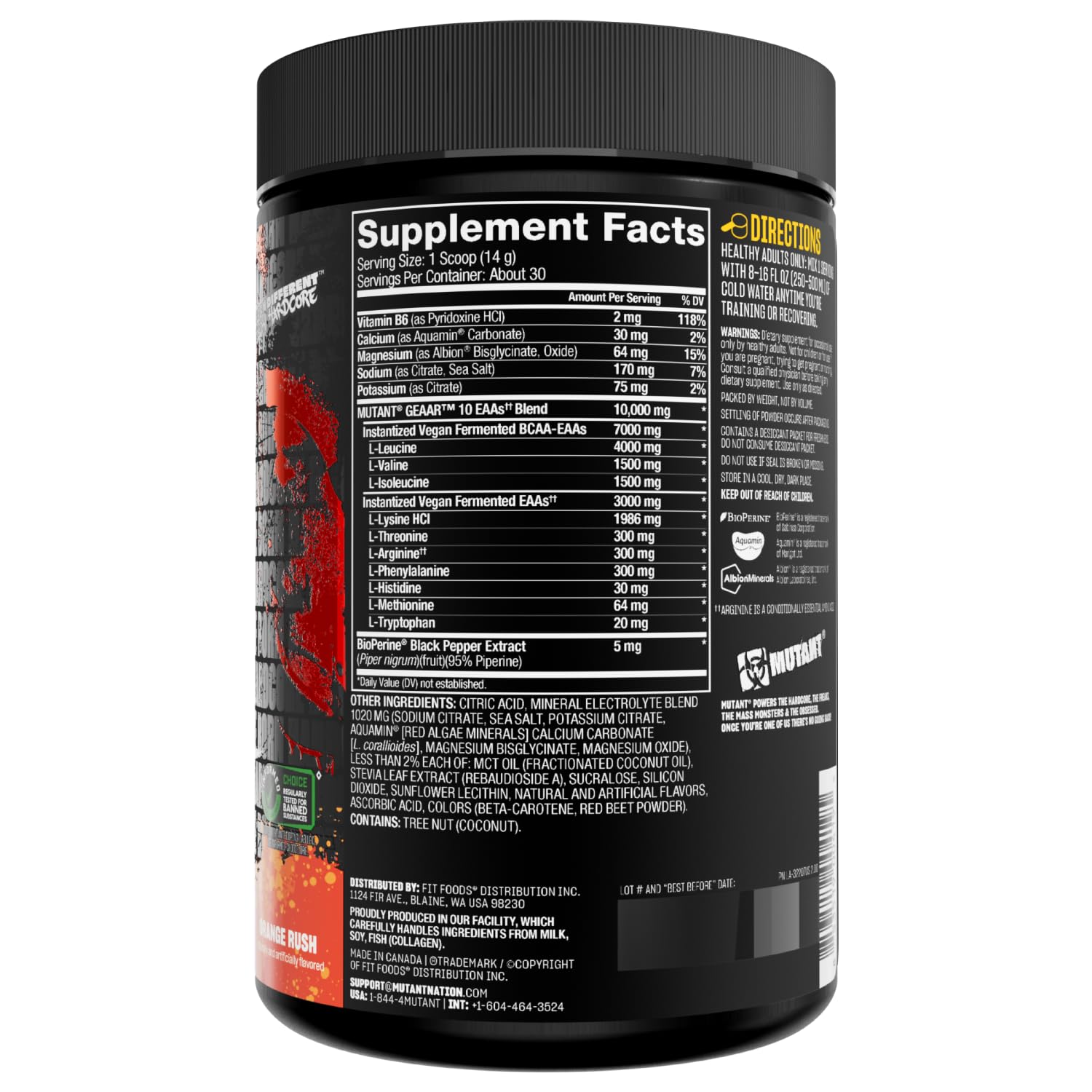 Mutant GEAAR etiqueta nutricional en primer plano mostrando dosis y aminoácidos