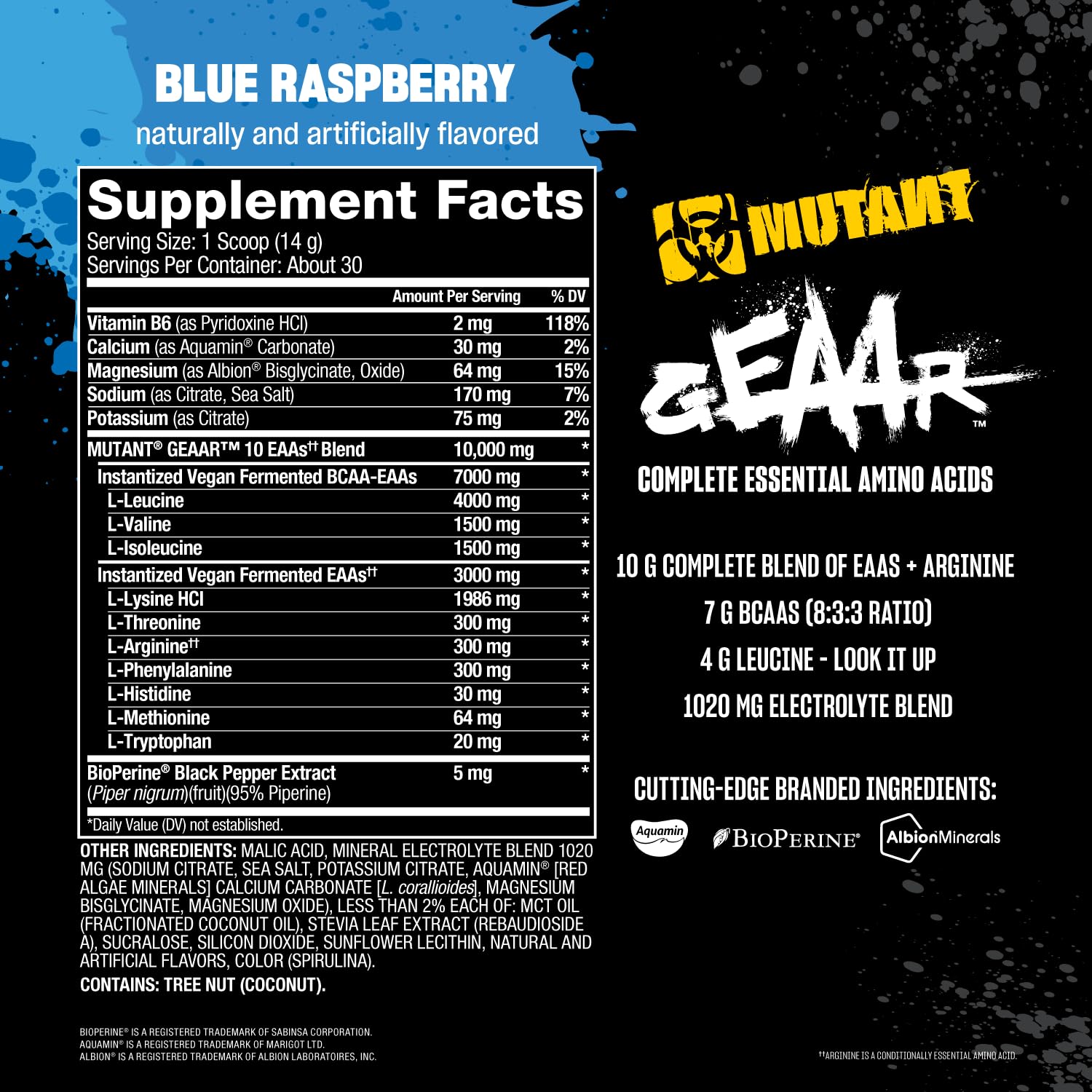 Mutant GEAAR etiqueta nutricional mostrando aminoácidos y niveles por servicio