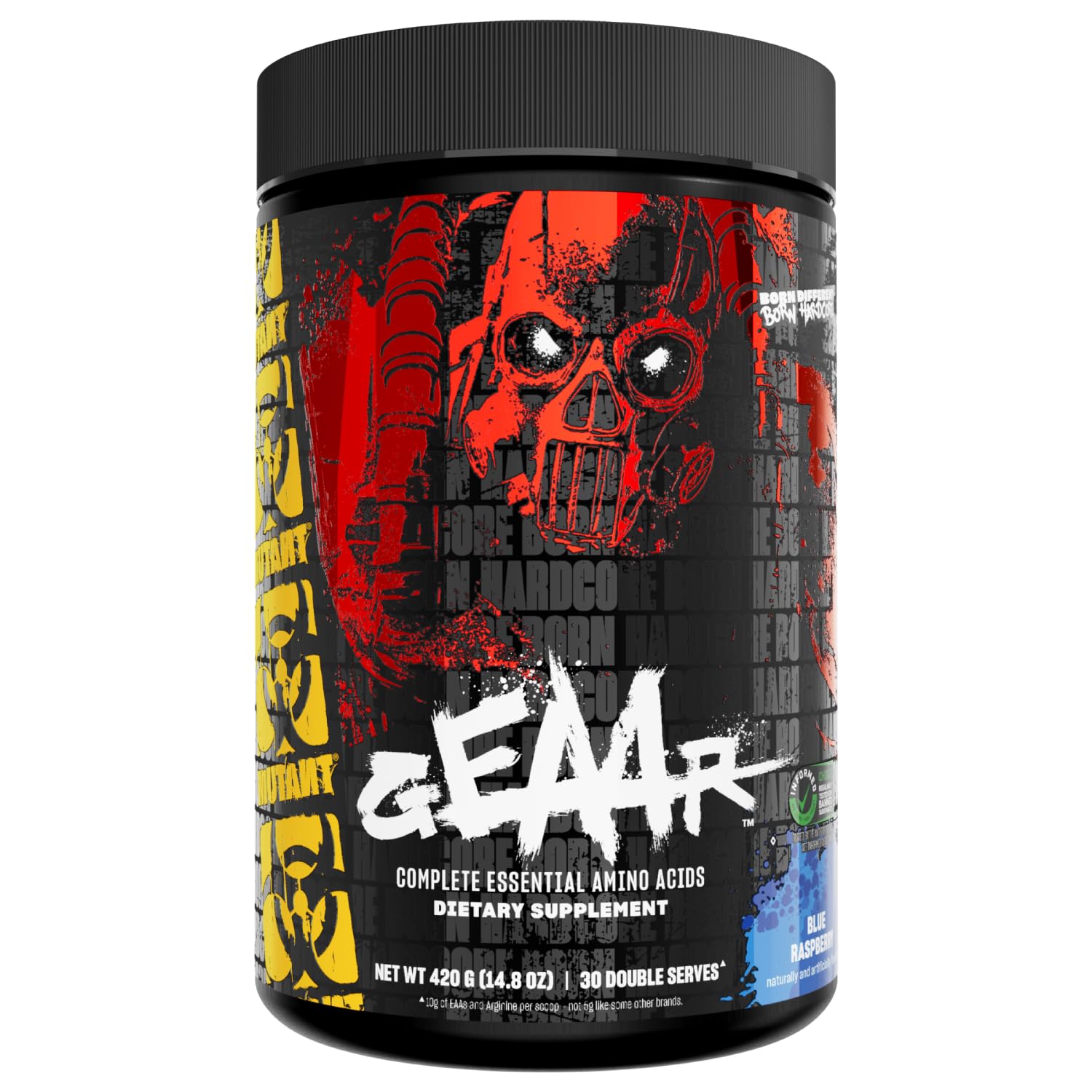 Mutant GEAAR envase frontal mostrando el sabor blue raspberry y la propuesta deportiva