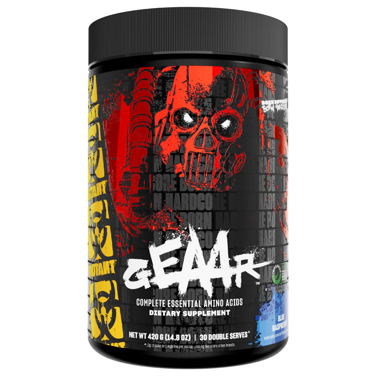 Mutant GEAAR envase frontal mostrando el sabor blue raspberry y la propuesta deportiva