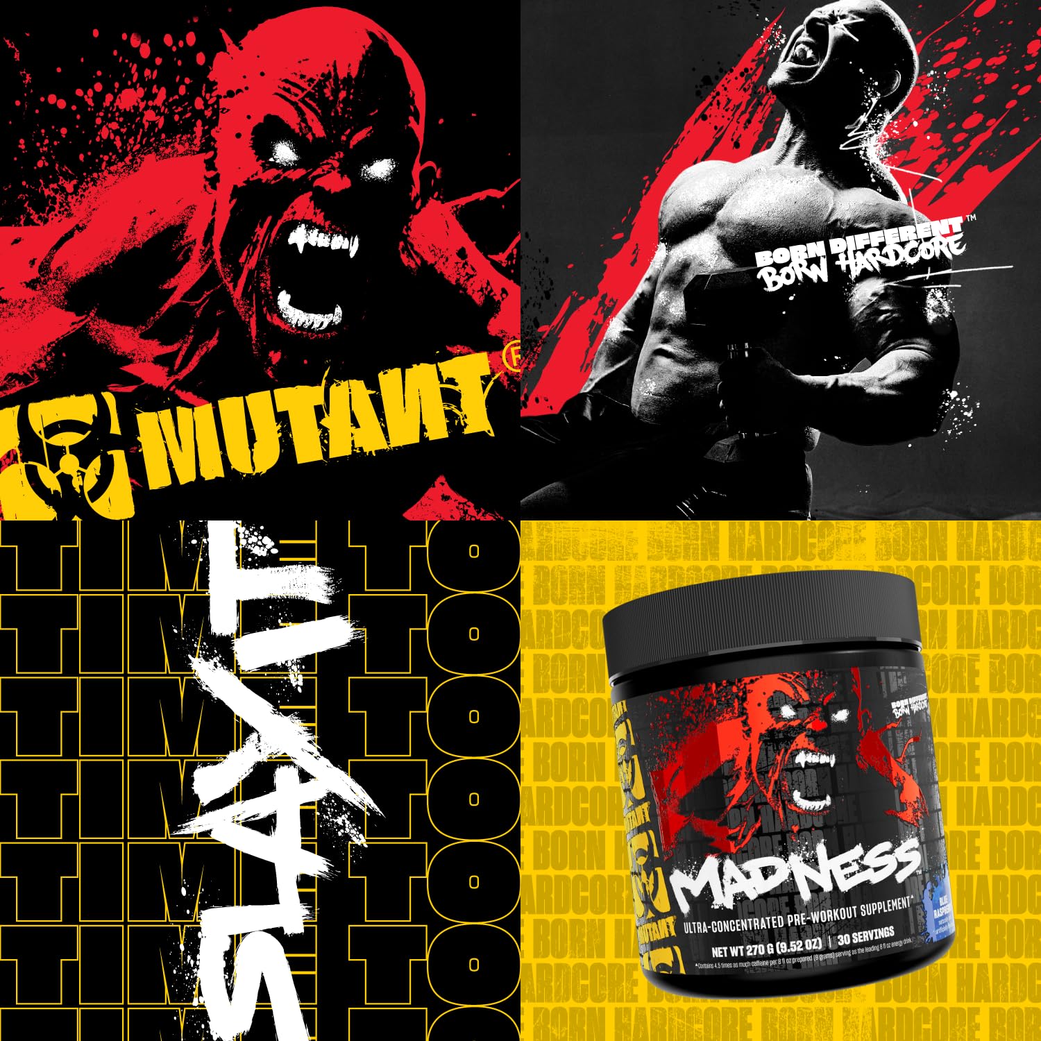 Mutant Madness envase junto a mano para comparar tamaño, marca y porciones visibles