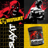 Mutant Madness envase junto a mano para comparar tamaño, marca y porciones visibles