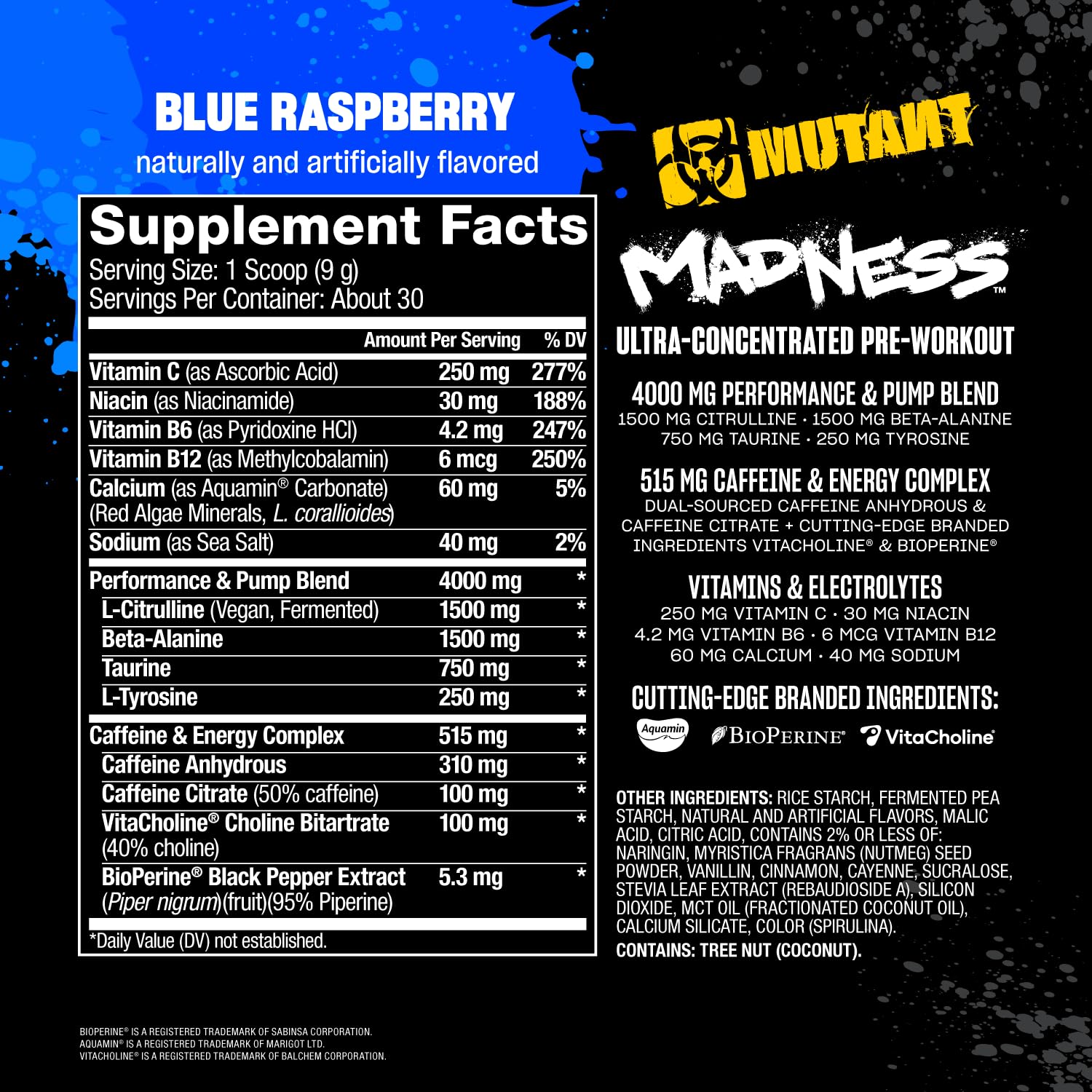 Mutant Madness etiqueta con ingredientes, marca destacando perfil de formulación
