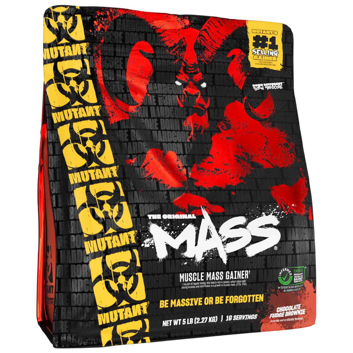 Mutant Mass envase frontal mostrando tamaño y sabor Chocolate Fudge Brownie, facilita elección