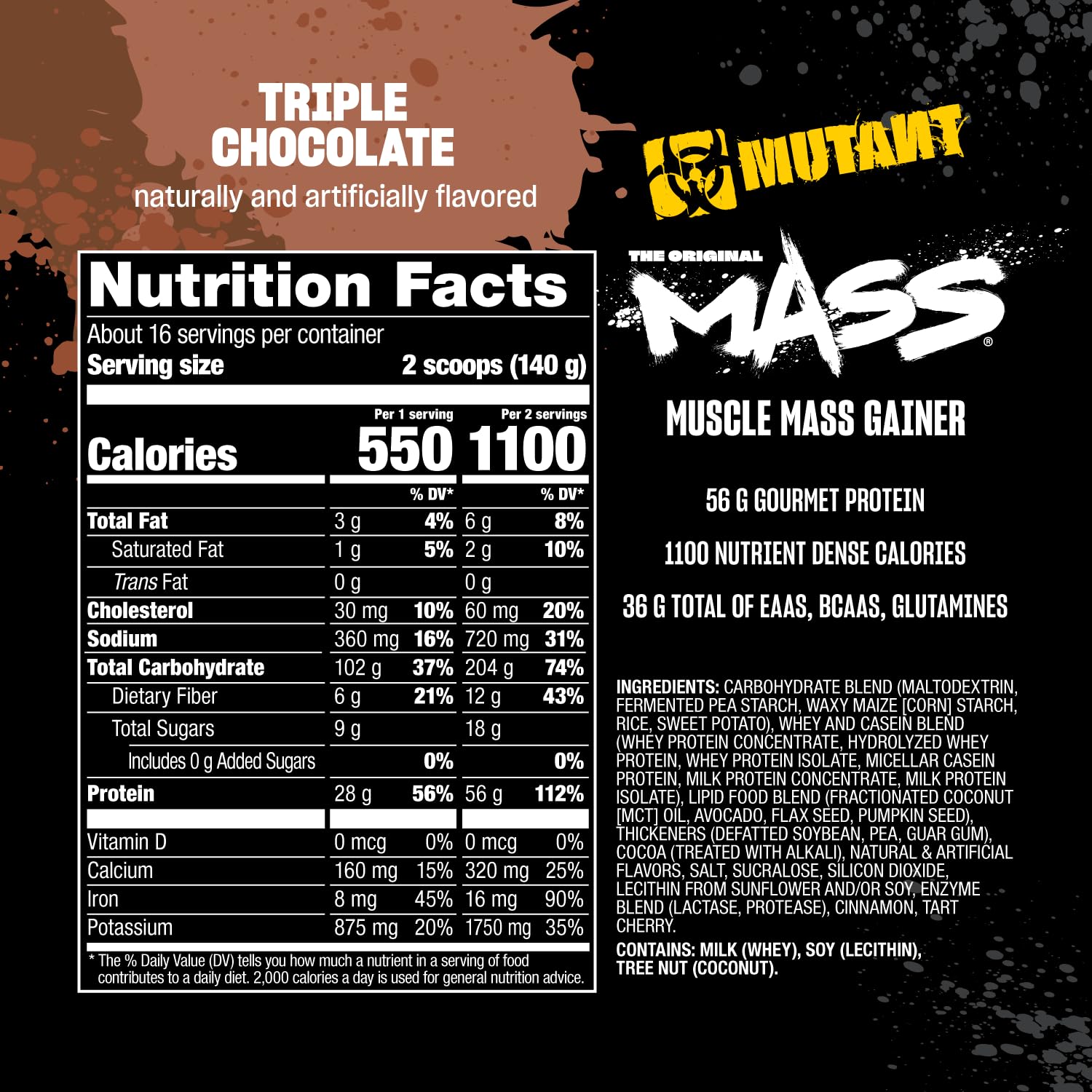 Comparación de tamaño del bote Mutant Mass 5 lb junto a una mano, referencia de volumen