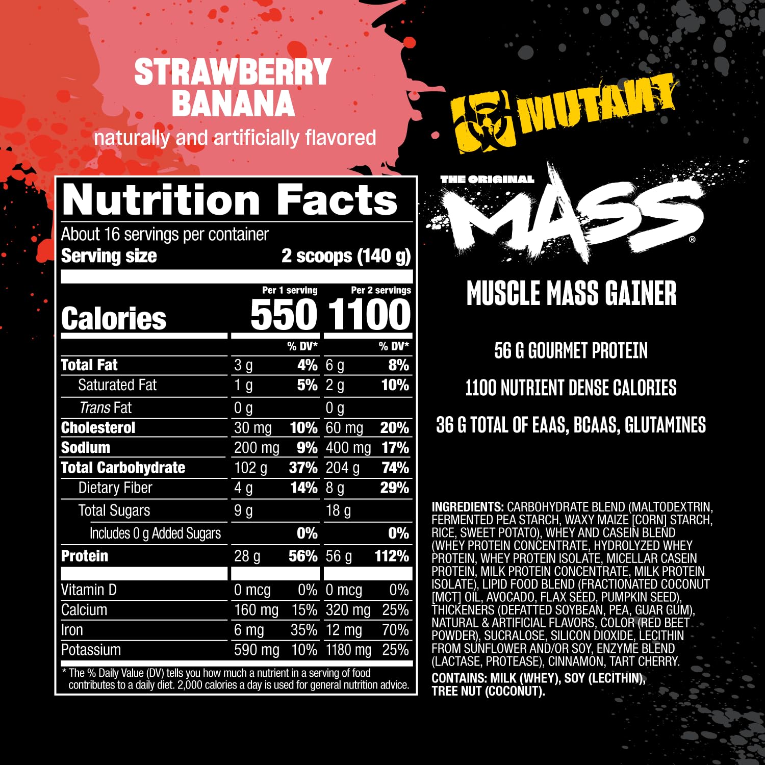 Mutant Mass etiqueta con valores nutricionales y alto contenido proteico