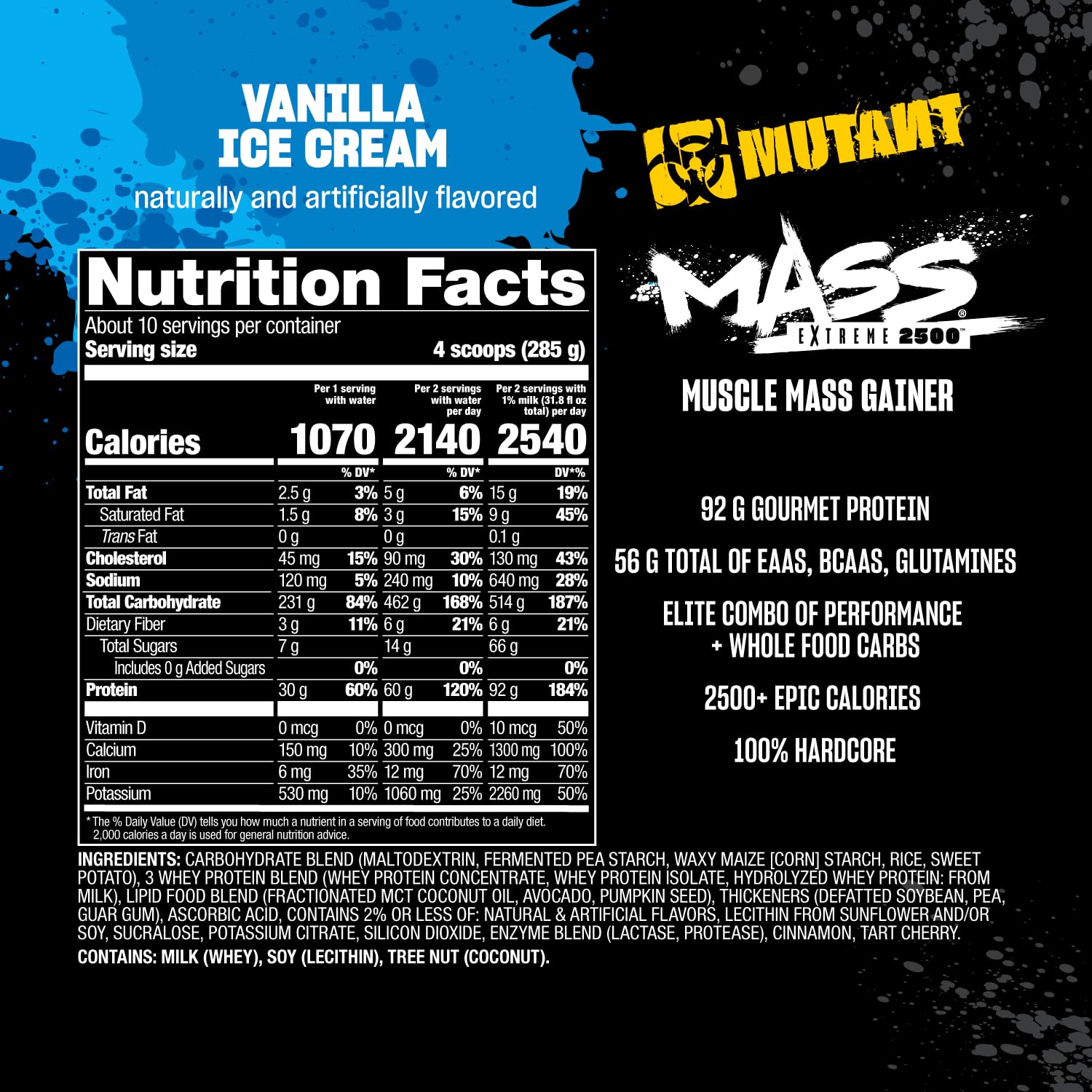 Etiqueta nutricional Mutant Mass mostrando calorías y gramos por porción