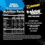 Etiqueta nutricional Mutant Mass mostrando calorías y gramos por porción
