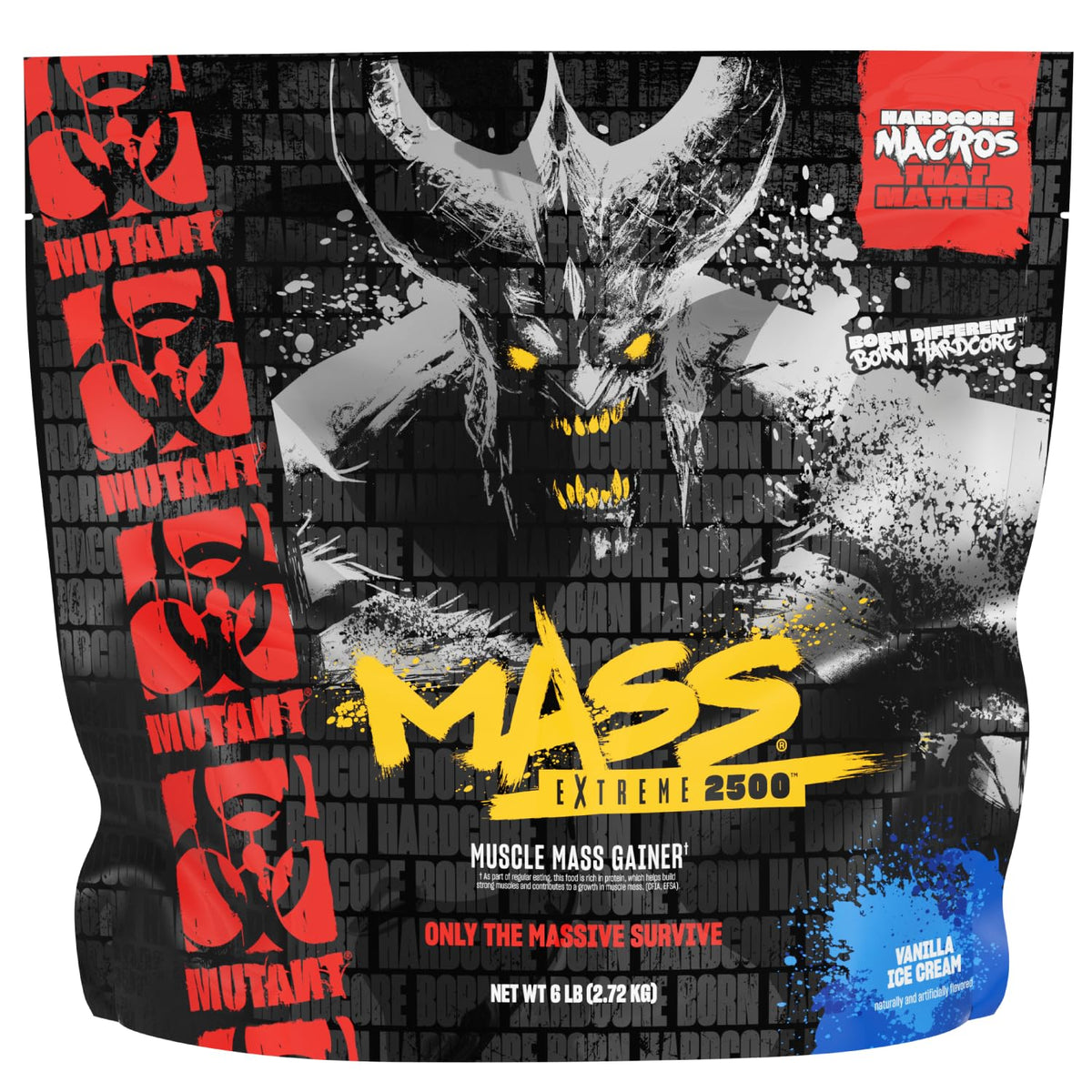 Mutant Mass Extreme Gainer frasco frontal mostrando la marca y beneficios