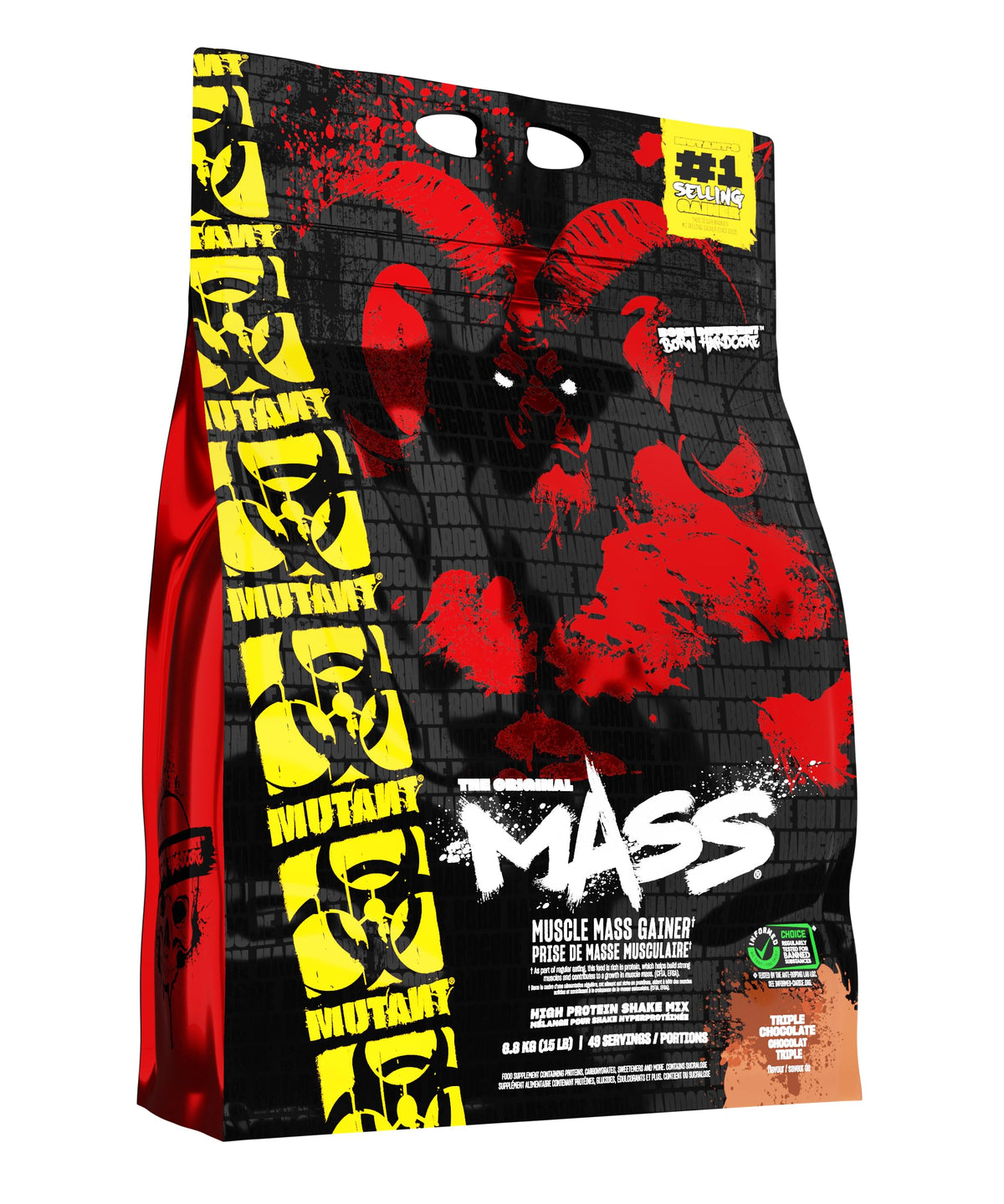 Mutant Mass envase frontal mostrando tamaño y sabor Triple Chocolate, indica alto aporte calórico