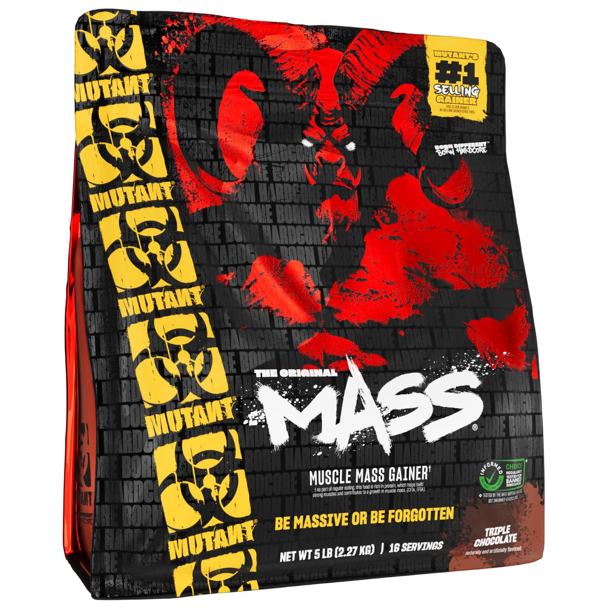 Mutant Mass envase frontal mostrando etiqueta y sabor triple chocolate, calidad visible
