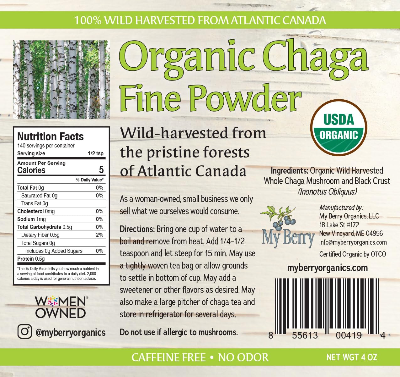 My Berry primer plano de textura de polvo de chaga, ideal para infusiones rápidas