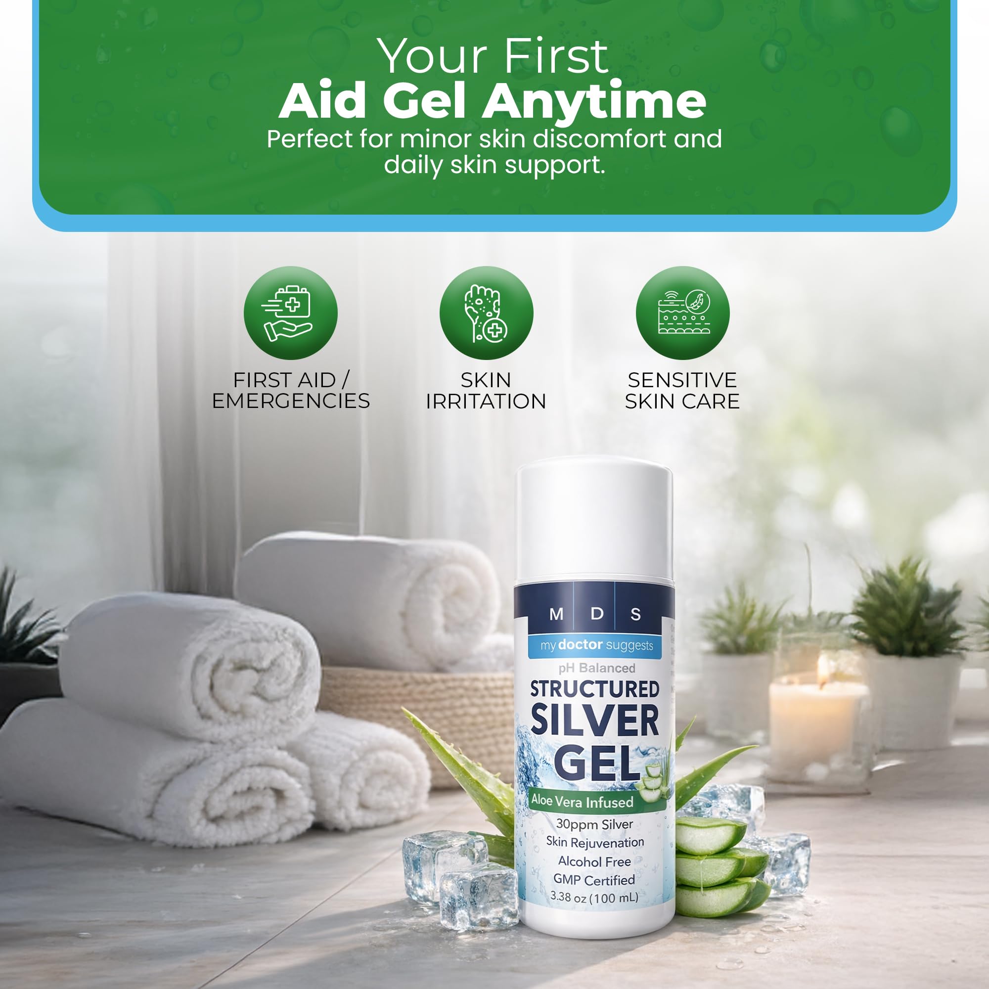 My Doctor Suggests closeup del gel con brillo suave que evidencia plata coloidal clara