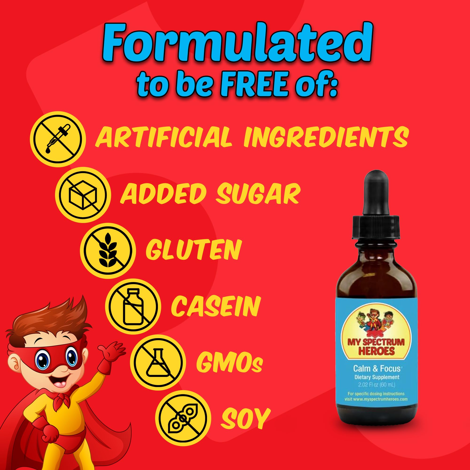 My Spectrum Heroes etiqueta con ingredientes y beneficios visibles para tranquilidad del usuario