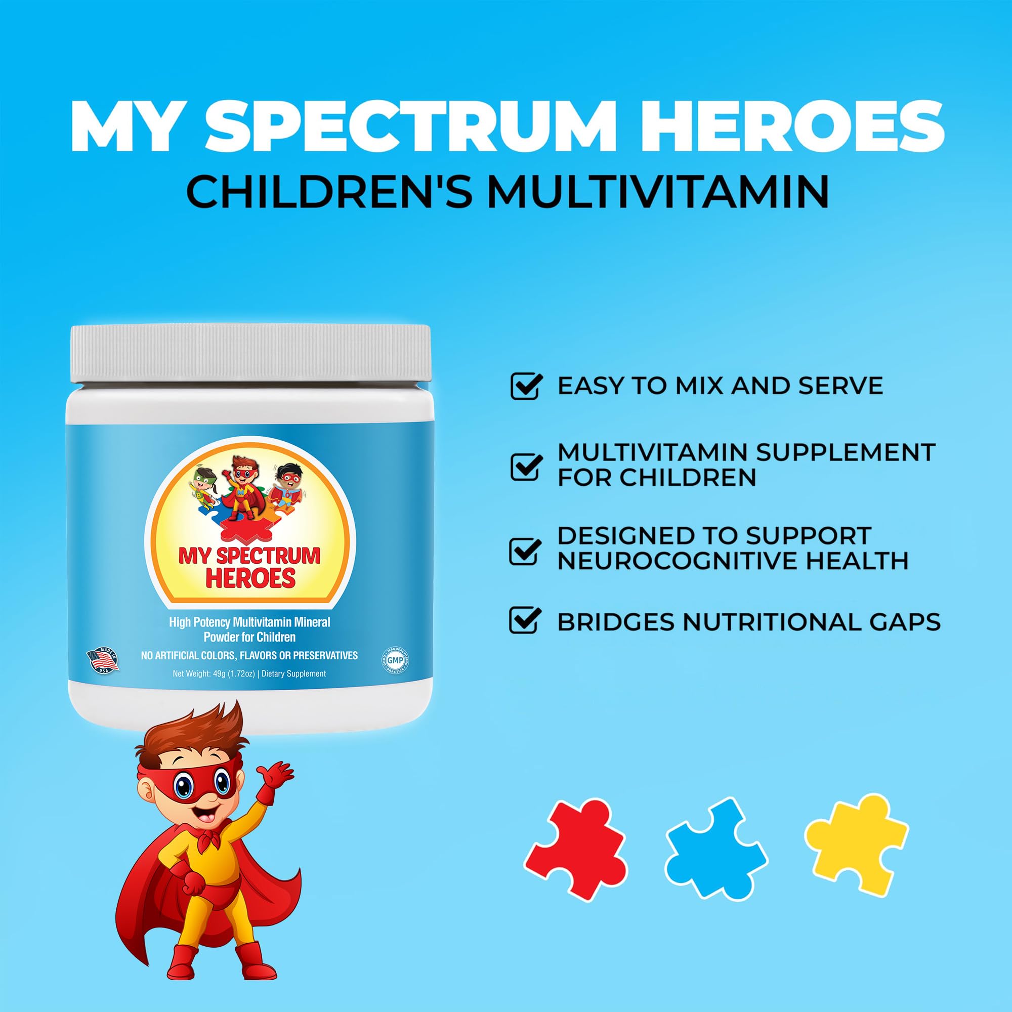My Spectrum Heroes polvo en primer plano resaltando textura fina y mezcla fácil