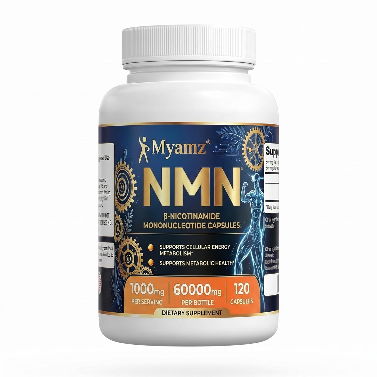 Myamz frasco frente mostrando 120 cápsulas y claridad de pureza para comodidad de consumo