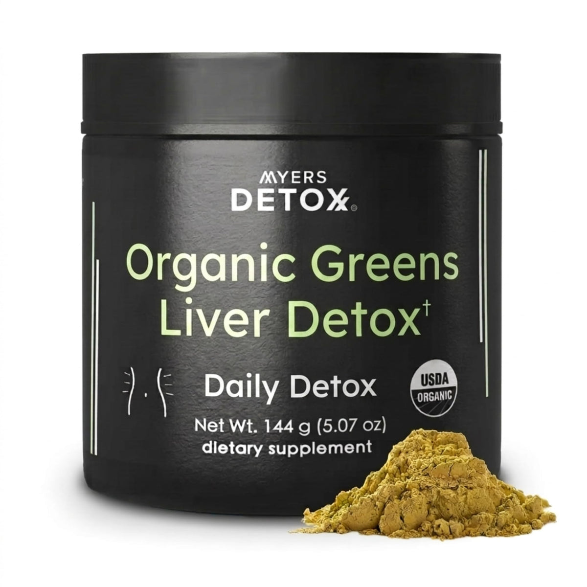 Myers Detox frasco frontal mostrando diseño y 30 porciones, aporta confianza