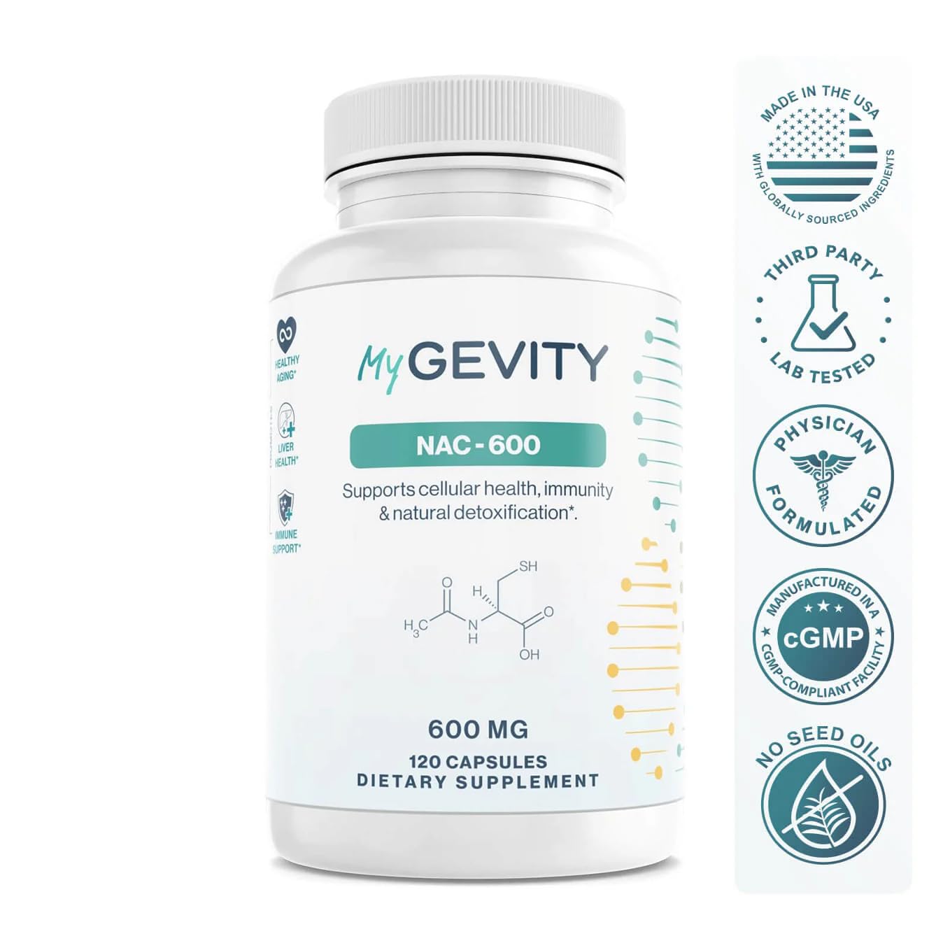 MyGevity NAC cápsula vegetal en primer plano, fácil de tragar