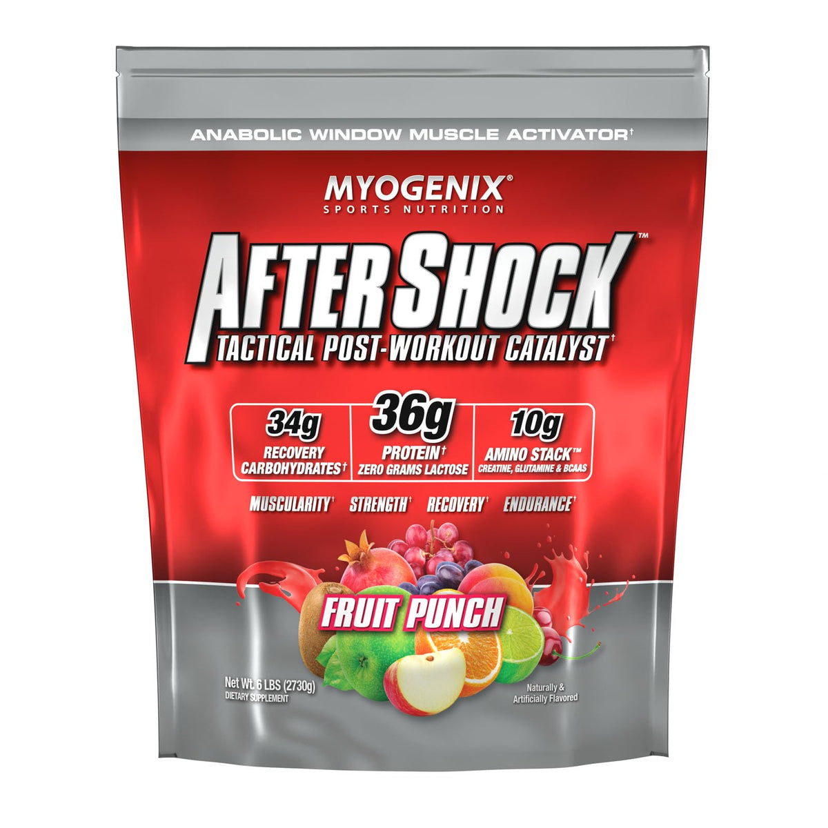 Myogenix envase frontal AfterShock mostrando beneficios de recuperación