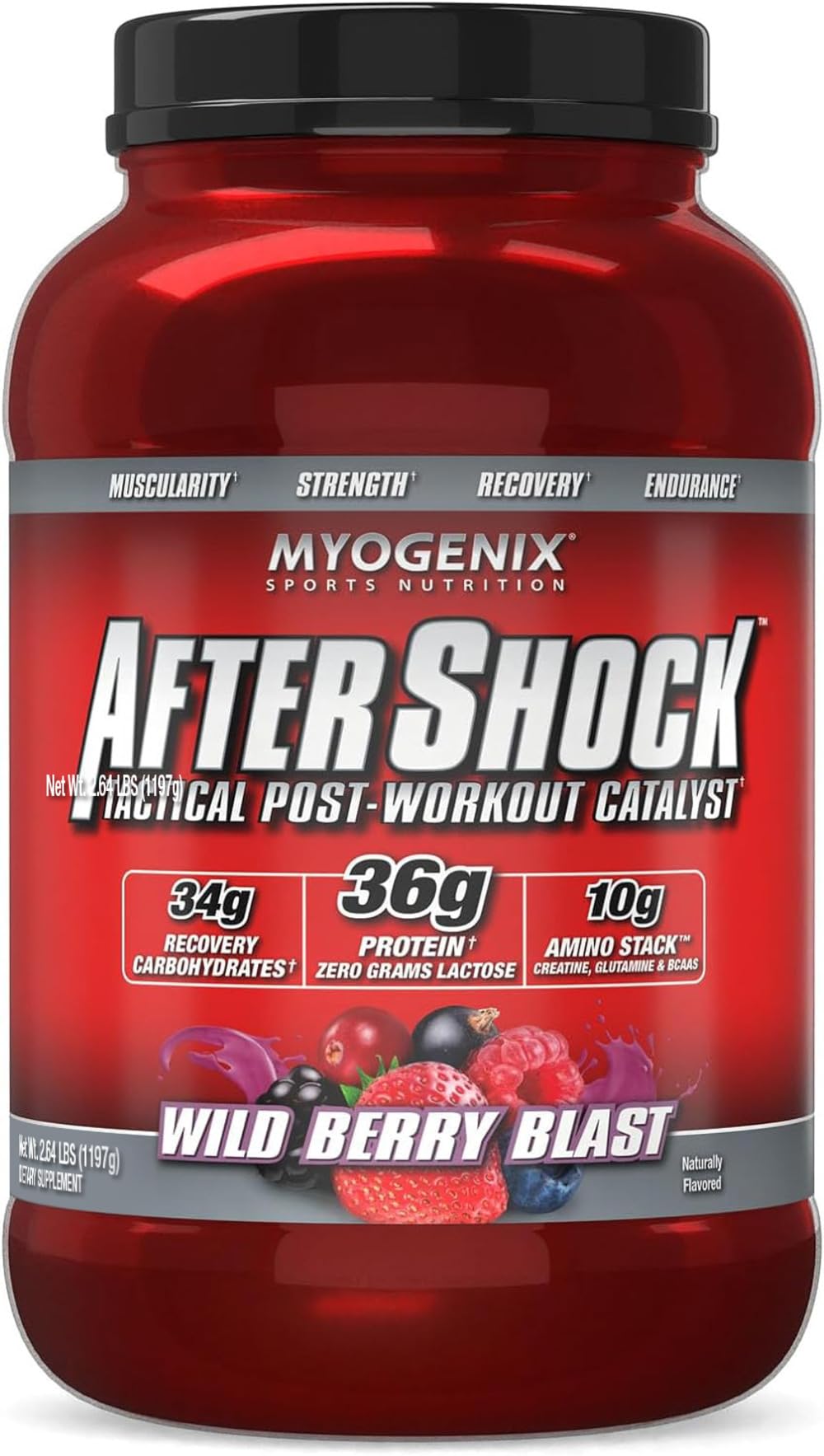 Myogenix Aftershock envase frontal mostrando sabor y tamaño para recuperación