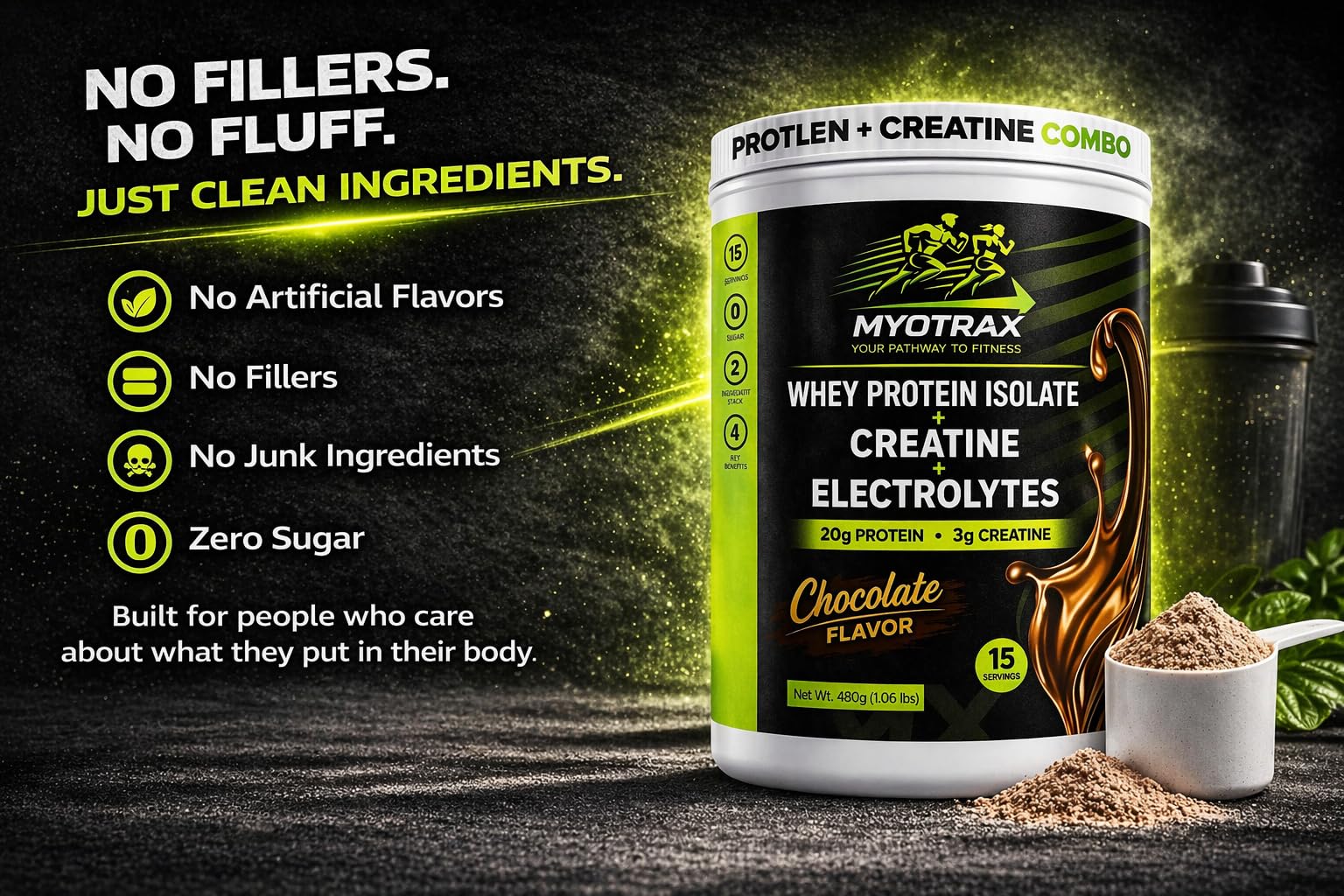 MYOTRAX vaso con batido chocolate, mezcla fácil y sabor agradable