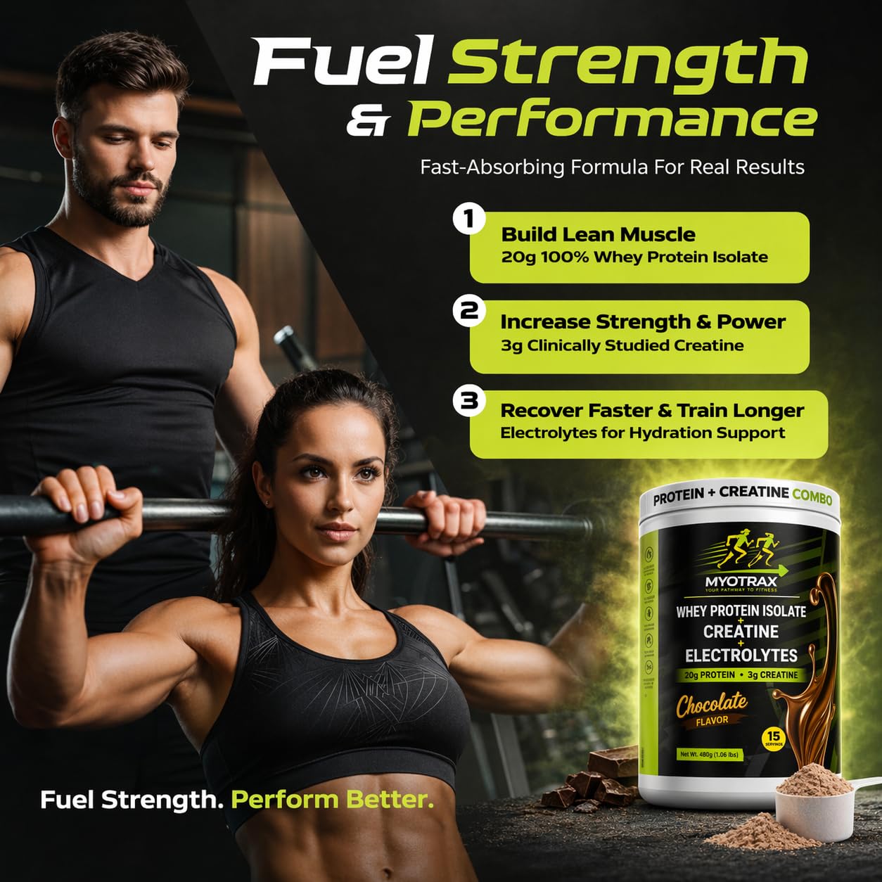 MYOTRAX etiqueta de ingredientes enfatizando creatina y electrolitos