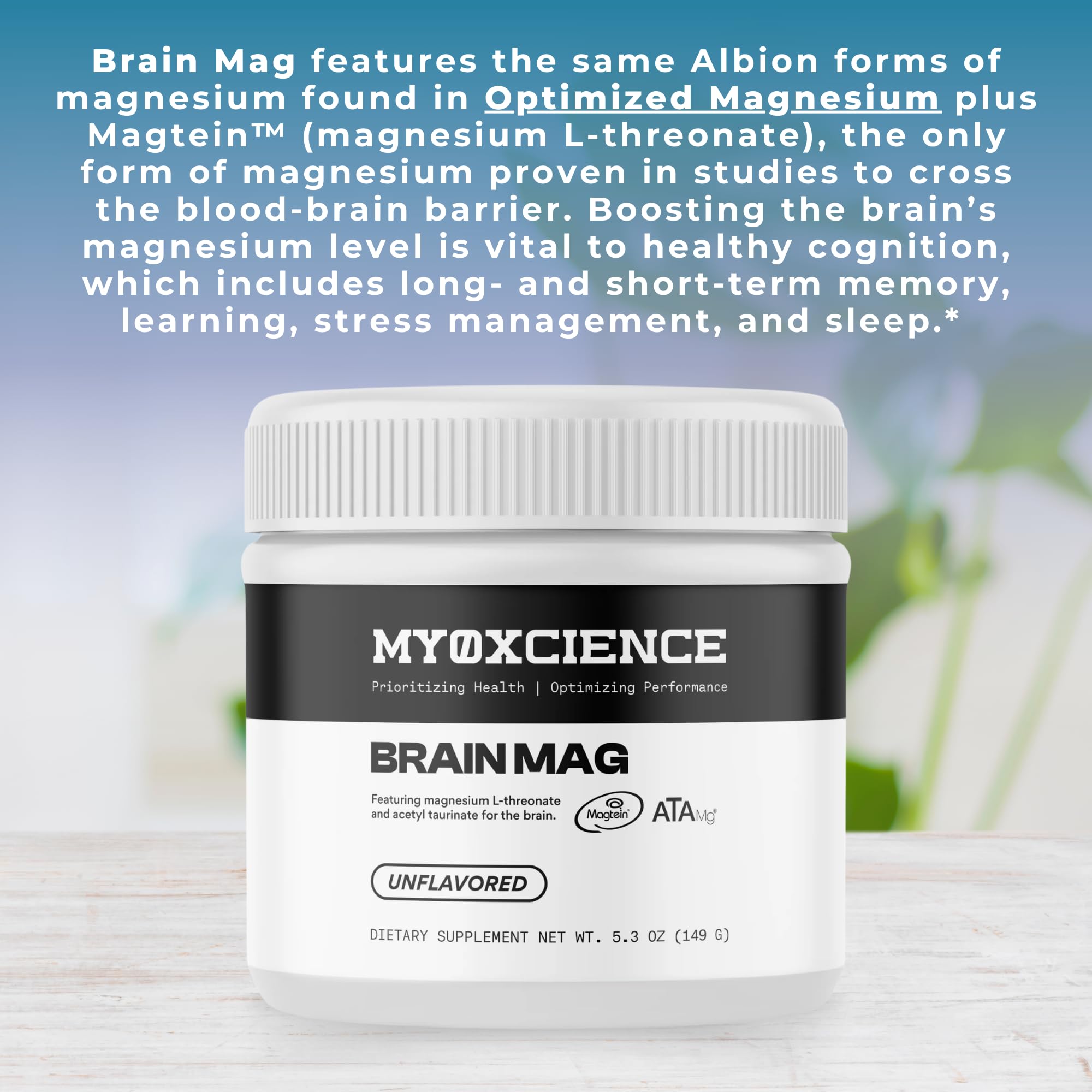 MYOXCIENCE etiqueta con lista de ingredientes y aportes de magnesio por porción