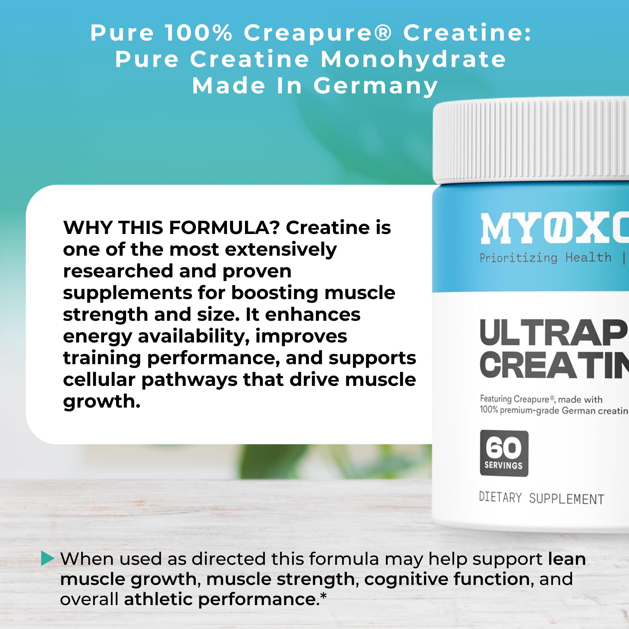 MYOXCIENCE etiqueta con ingredientes Creapure, expresa transparencia y pureza