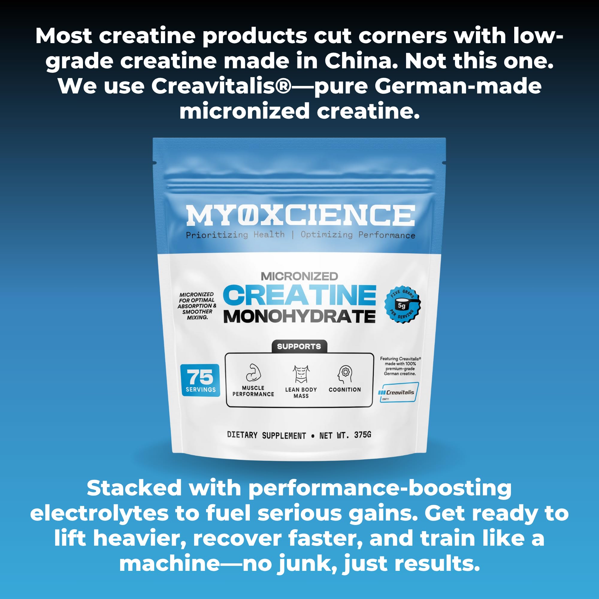 MYOXCIENCE Creavitalis en gimnasio antes del entrenamiento, rendimiento apoyado