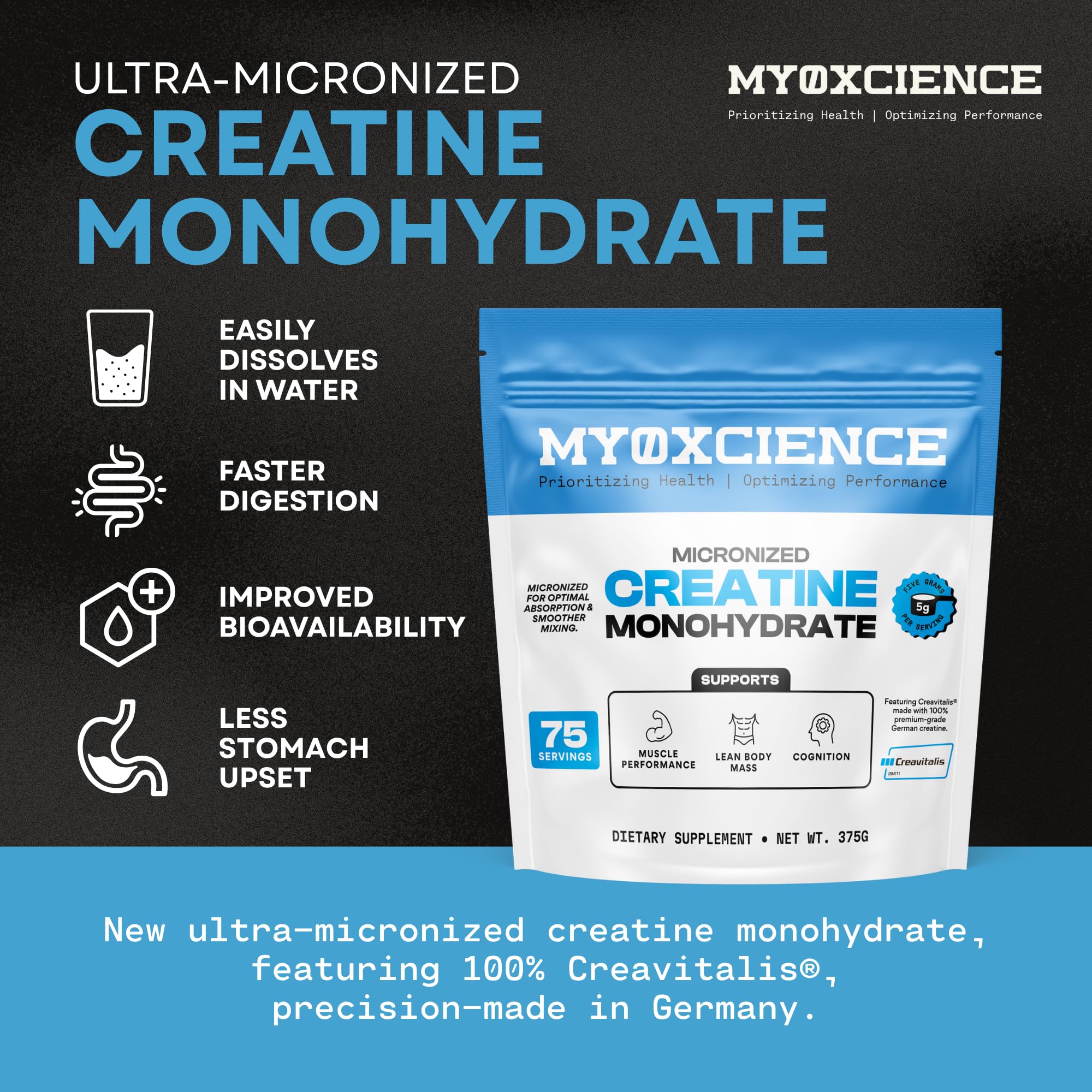 MYOXCIENCE polvo micronizado Creavitalis, textura fina para mejor toma