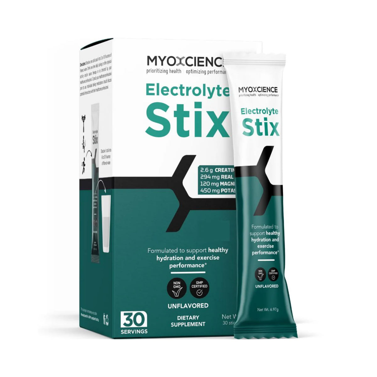 MYOXCIENCE empaque frontal mostrando sticks y beneficios prácticos
