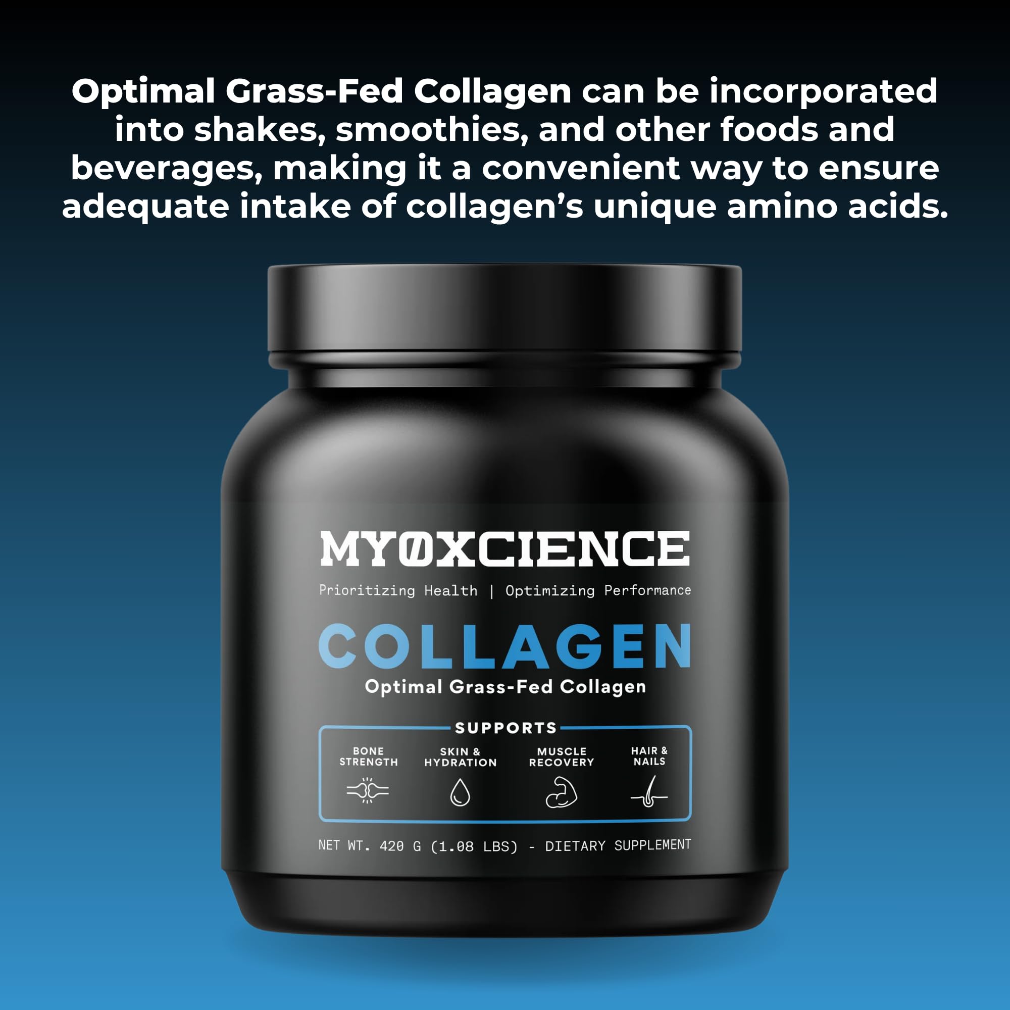 MYOXCIENCE envase junto a una regla para escala, 30 servicios por frasco visible
