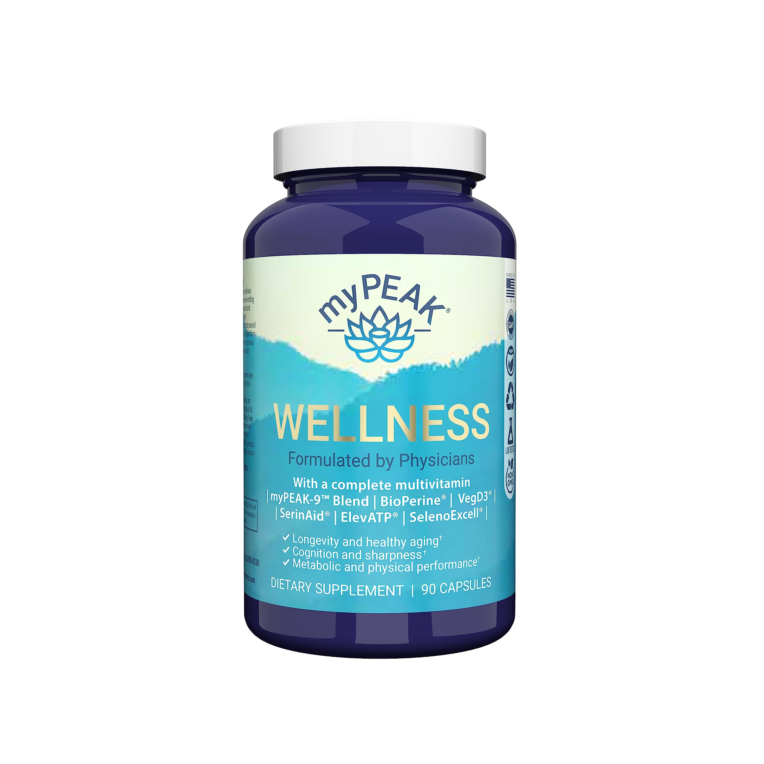 myPEAK frasco delantero Wellness mostrando sello vegano y beneficios