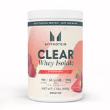 Myprotein bote Clear Whey Isolate fresa vista frontal, presentación clara y atractiva