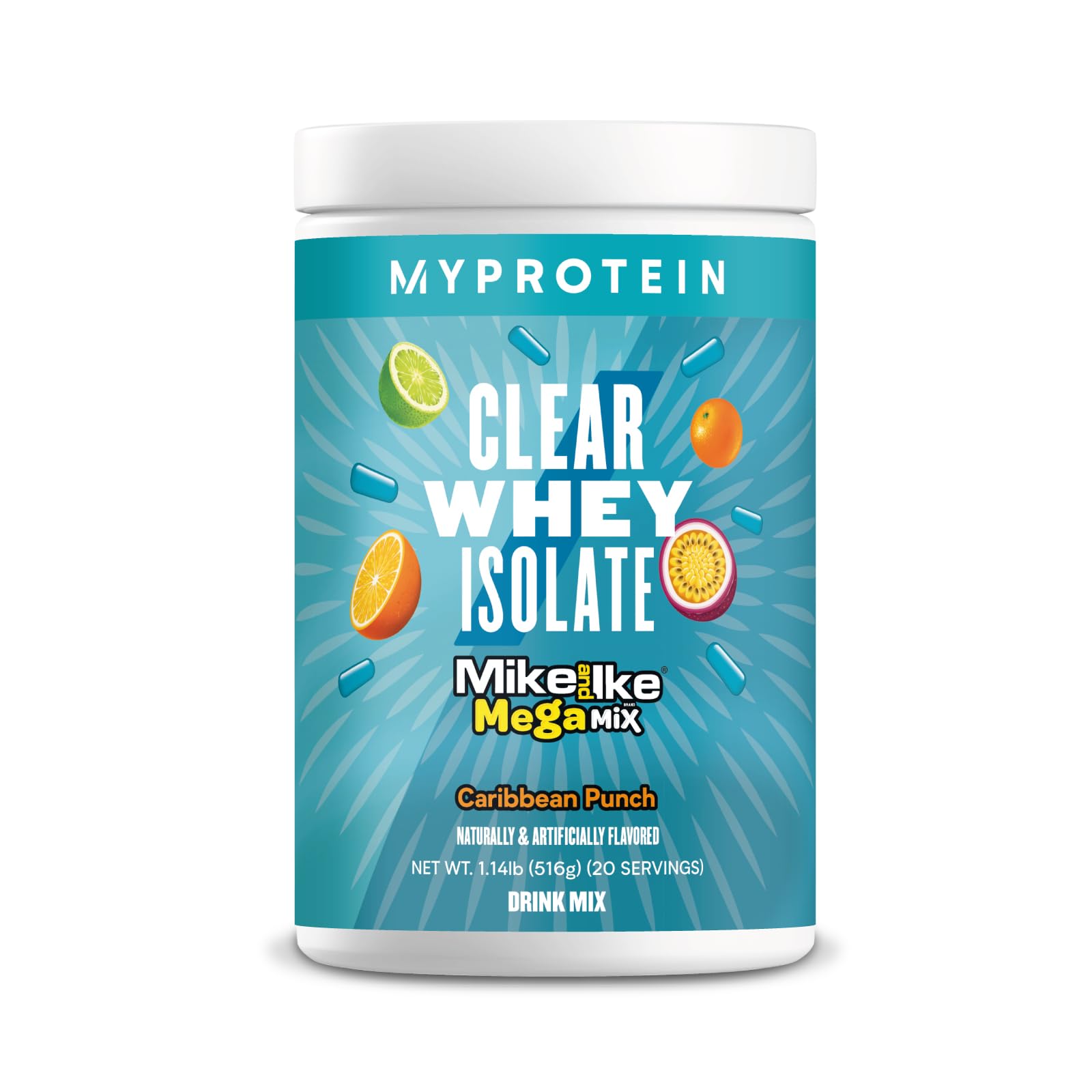 Myprotein envase frontal Mike and Ike que muestra diseño y tamaño