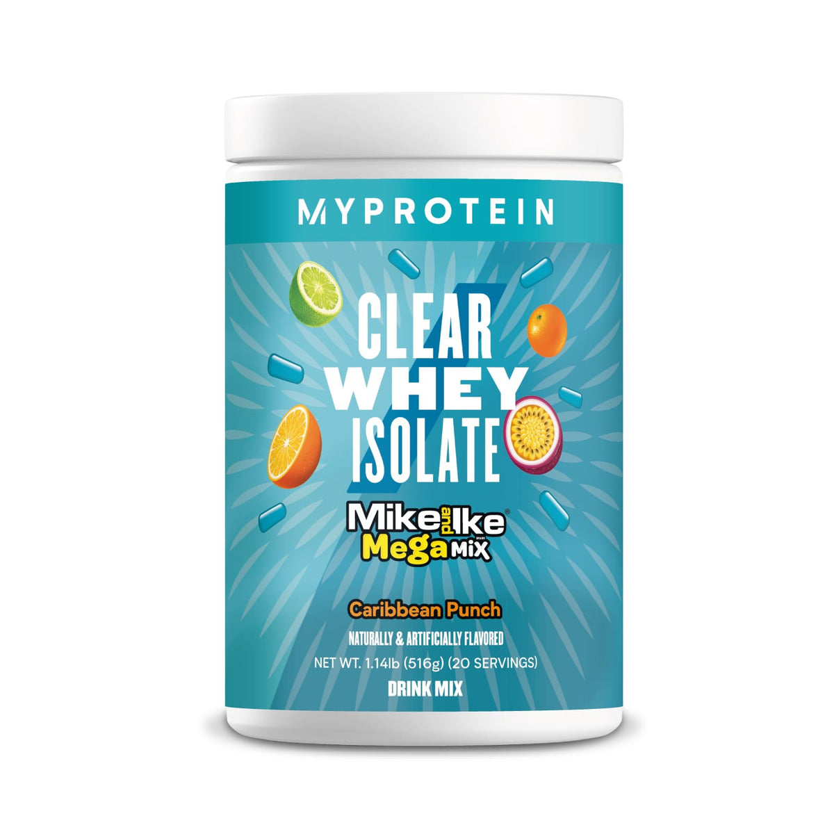 Myprotein envase frontal Mike and Ike que muestra diseño y tamaño