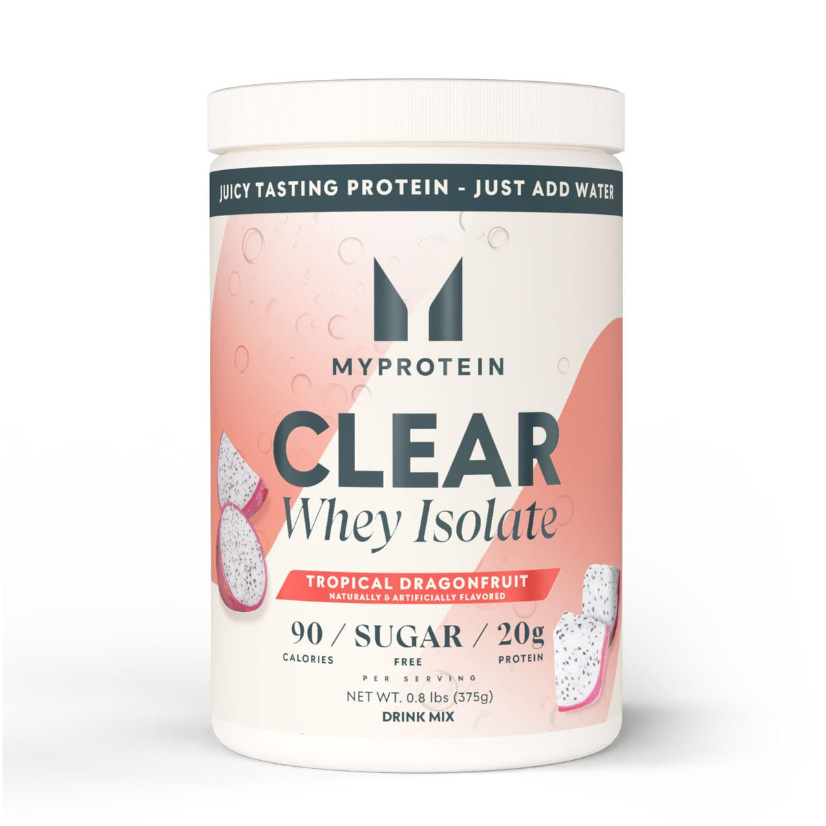 Myprotein envase frontal Clear Whey Isolate Tropical Dragonfruit mostrando sabor y tamaño